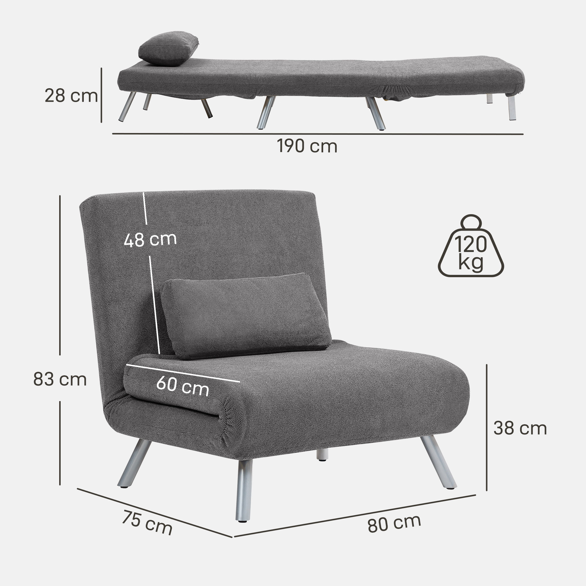Se muestra un sofá cama y un sillón grises con dimensiones. También se indica un límite de peso de 120 kg.