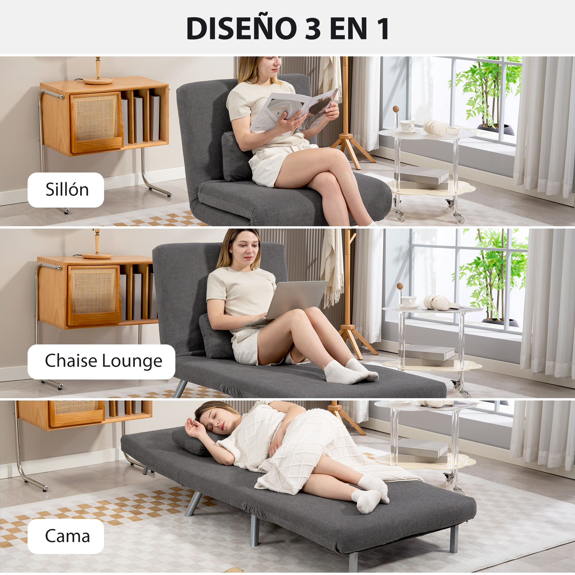 Tres imágenes que muestran un sofá convertible. Una mujer lee, usa una laptop y duerme en él. Mesa auxiliar de madera y ventana presentes.