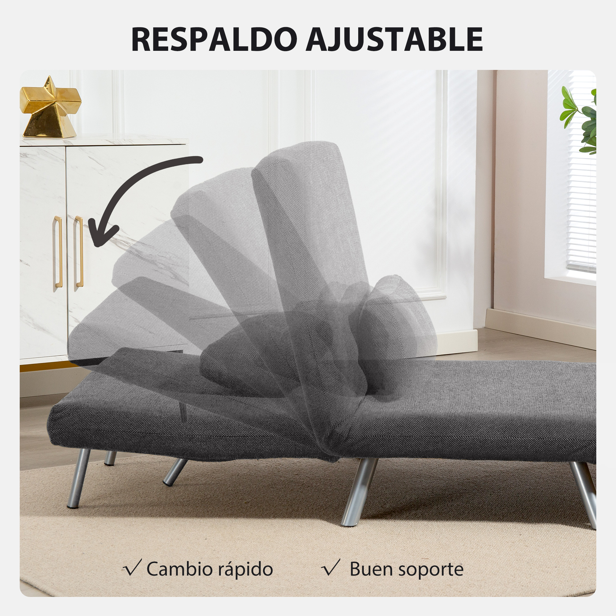 Se muestra un sofá gris ajustable. El respaldo está inclinado hacia arriba. El texto dice: respaldo ajustable, cambio rápido, buen soporte.