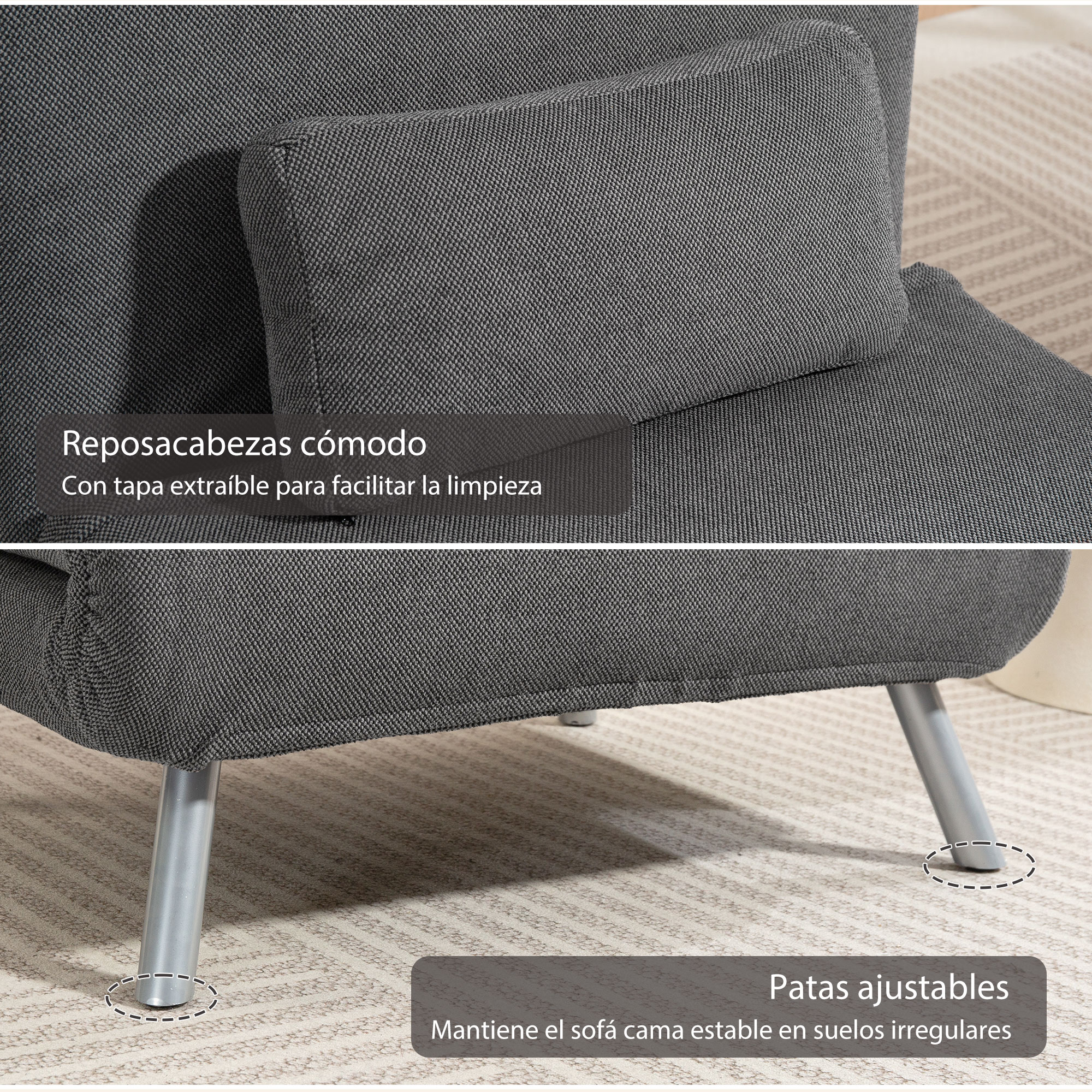 Primer plano de un sofá cama gris con patas ajustables. El reposacabezas es cómodo y la funda es extraíble.