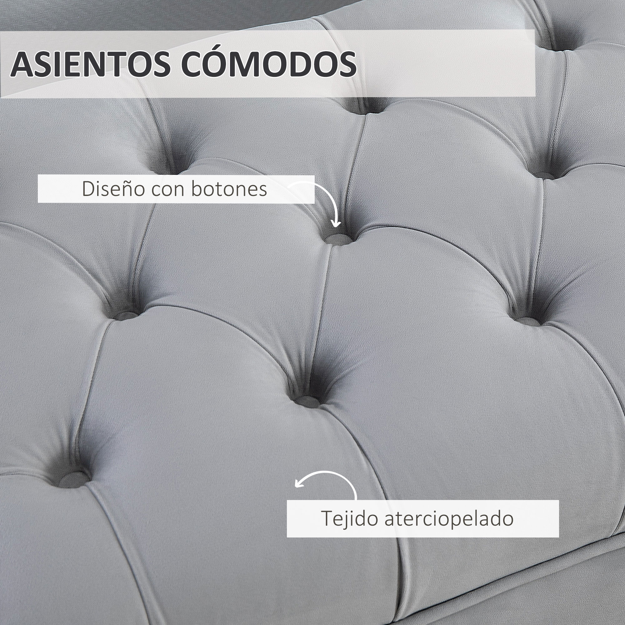 Primer plano de una tapicería gris con botones. Las etiquetas indican 'asientos cómodos', 'diseño con botones' y 'tejido aterciopelado'.