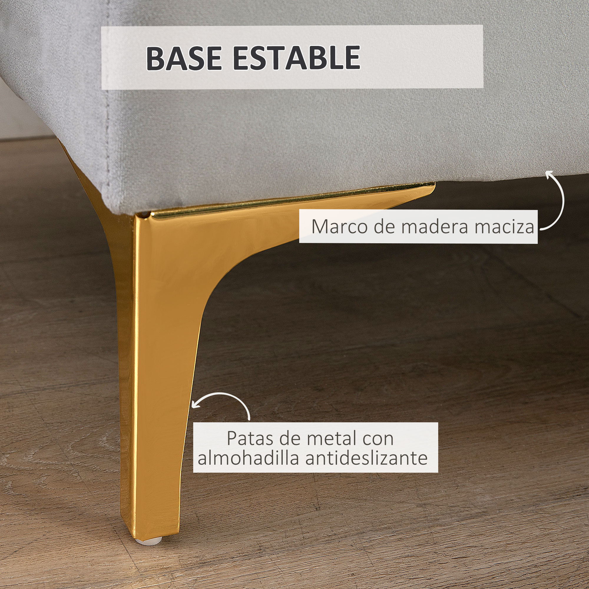 Primer plano de una pata de mueble. Tiene un marco de metal dorado, un marco de madera y almohadillas antideslizantes.