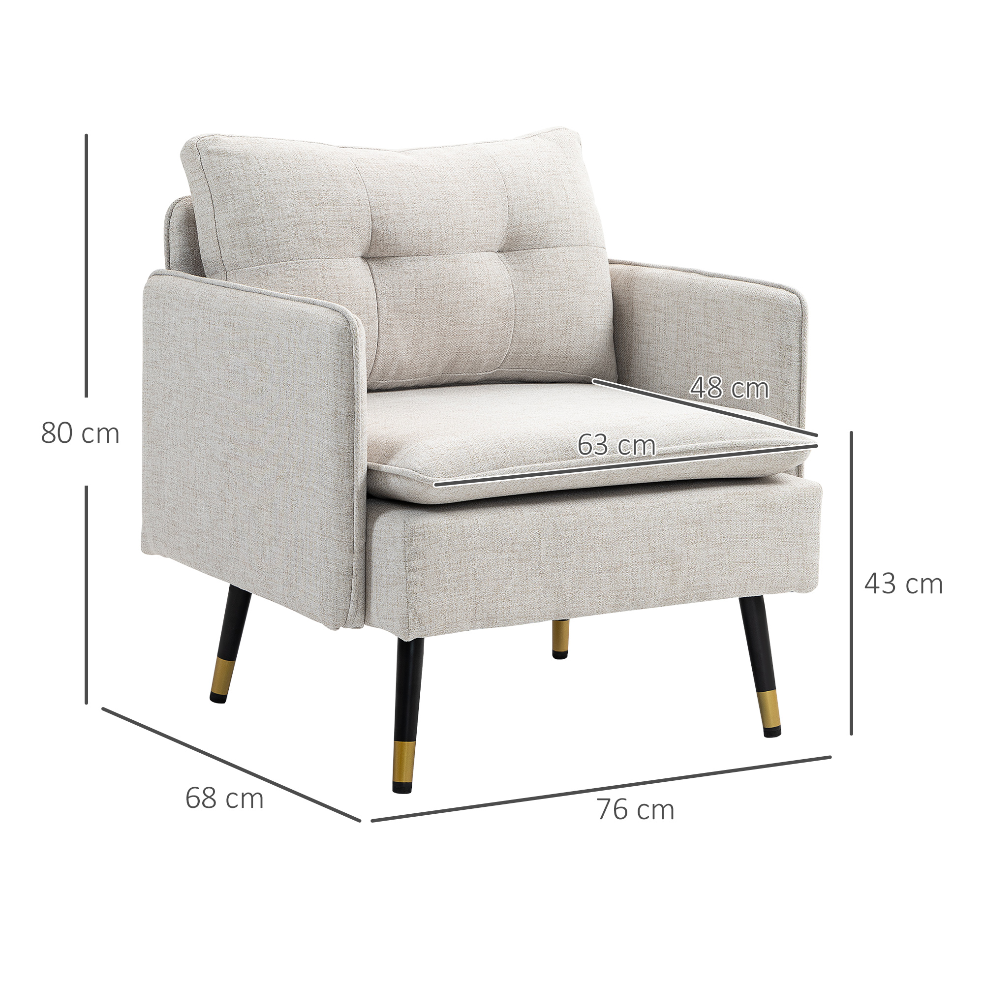 Sillón beige con patas negras y puntas doradas. Medidas en cm: 80 alto, 76 ancho, 68 fondo. Asiento 63x48 cm.
