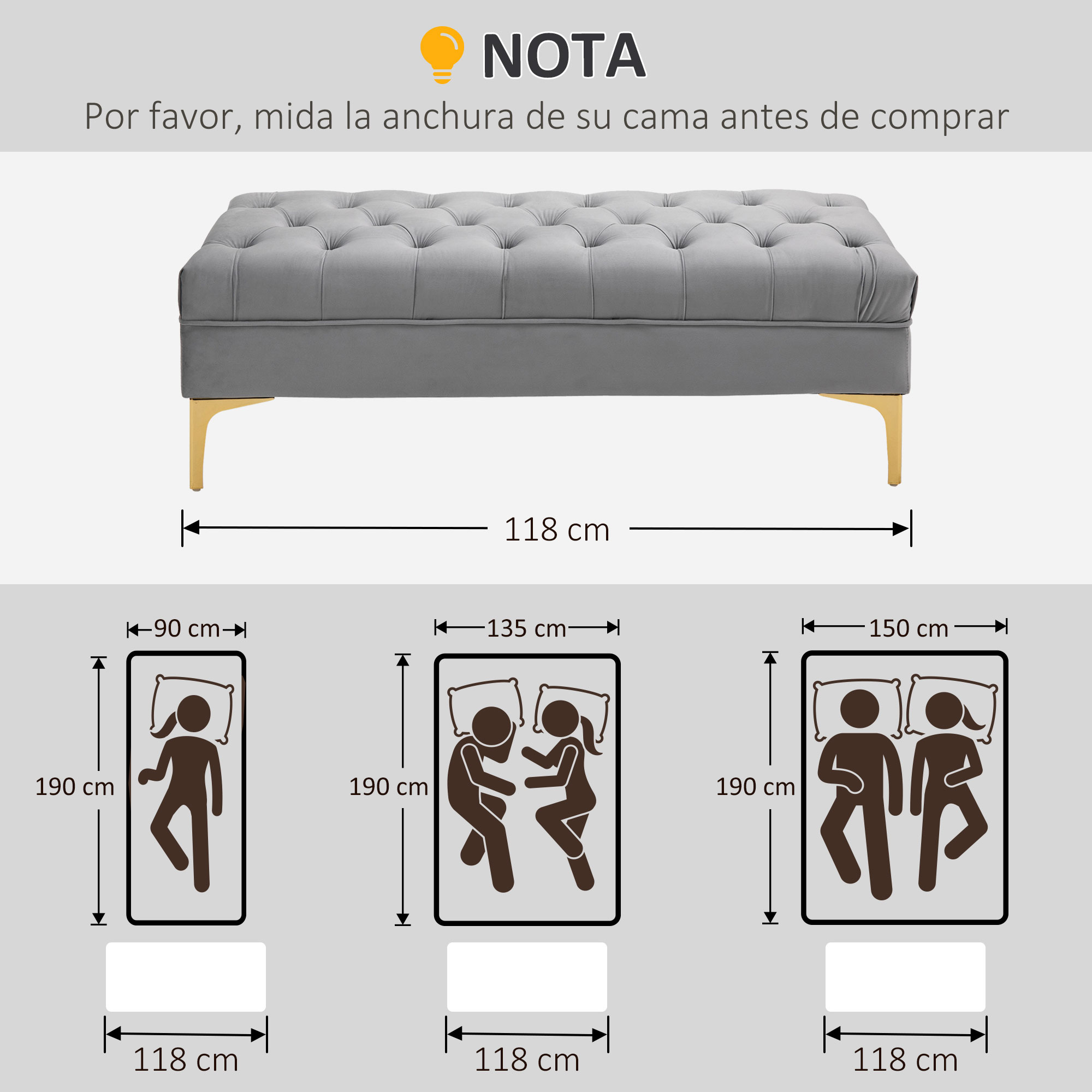 Un otomán gris acolchado con patas doradas, el texto dice que mida el ancho de la cama. Diagramas muestran tamaños de cama.