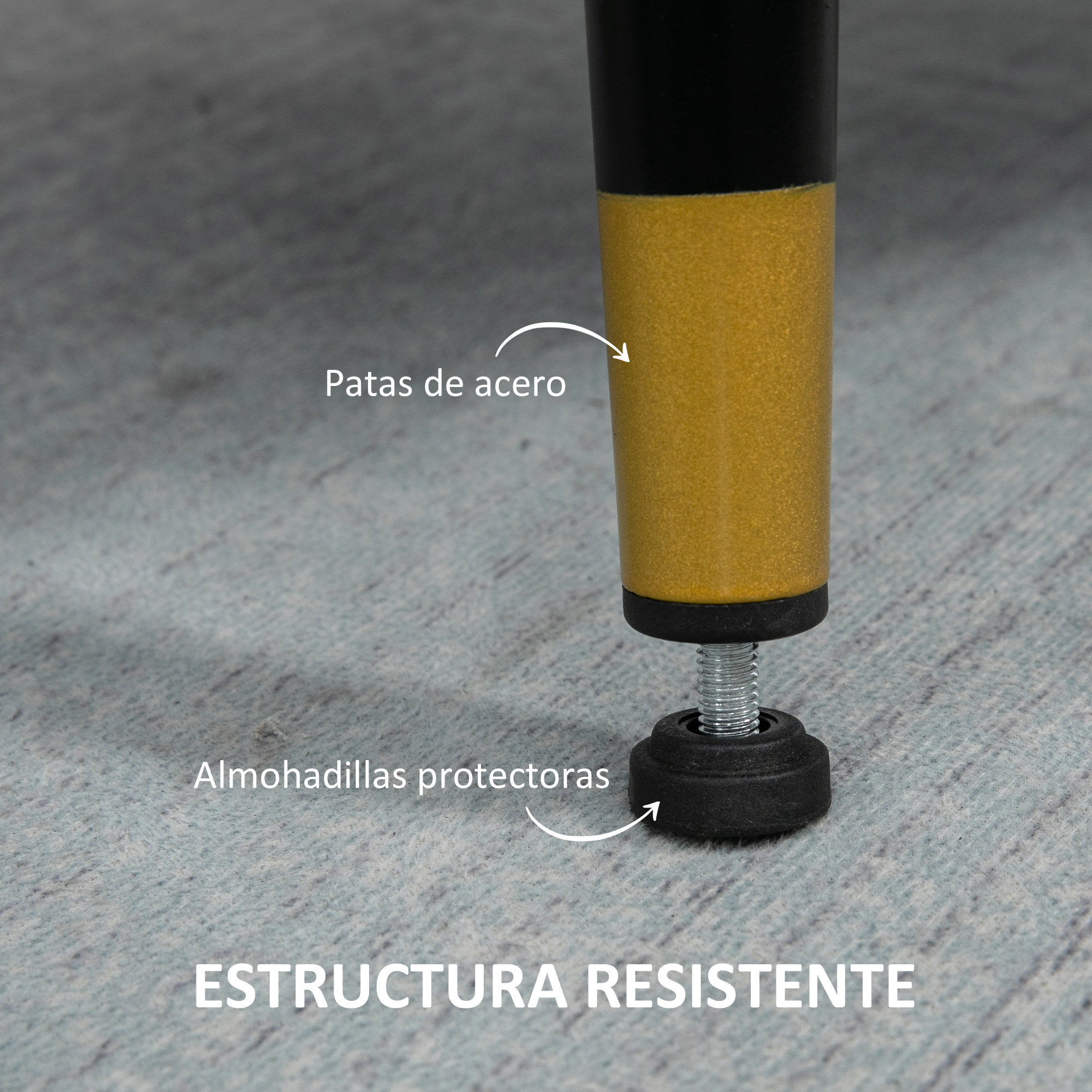 Primer plano de una pata de mesa con parte superior negra, centro dorado y base negra con tornillo y protector.