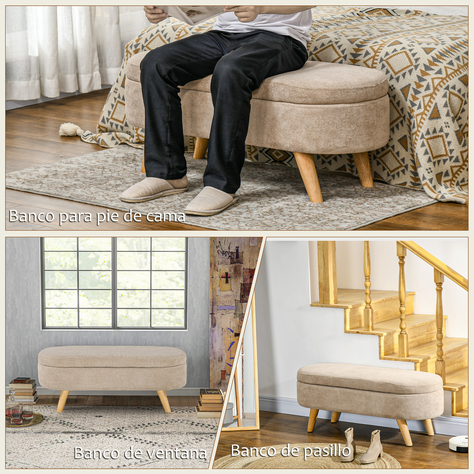 Una persona está sentada en una otomana beige con patas de madera. La escena incluye una cama, una ventana y escaleras.