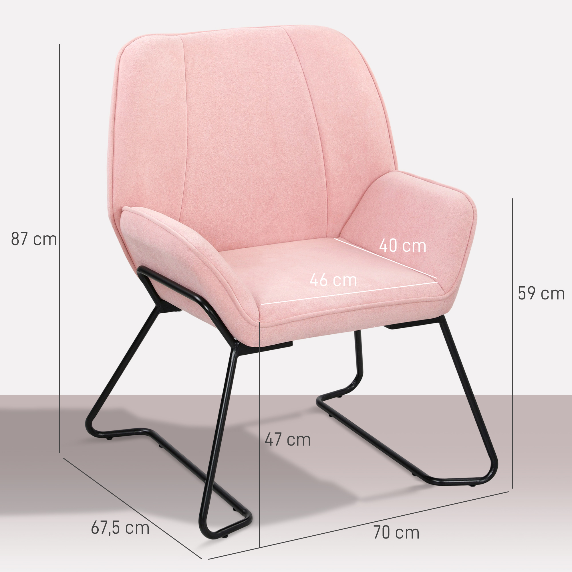 Un sillón rosa con patas de metal negro. Las dimensiones están marcadas en la imagen. La silla está sobre un fondo blanco.