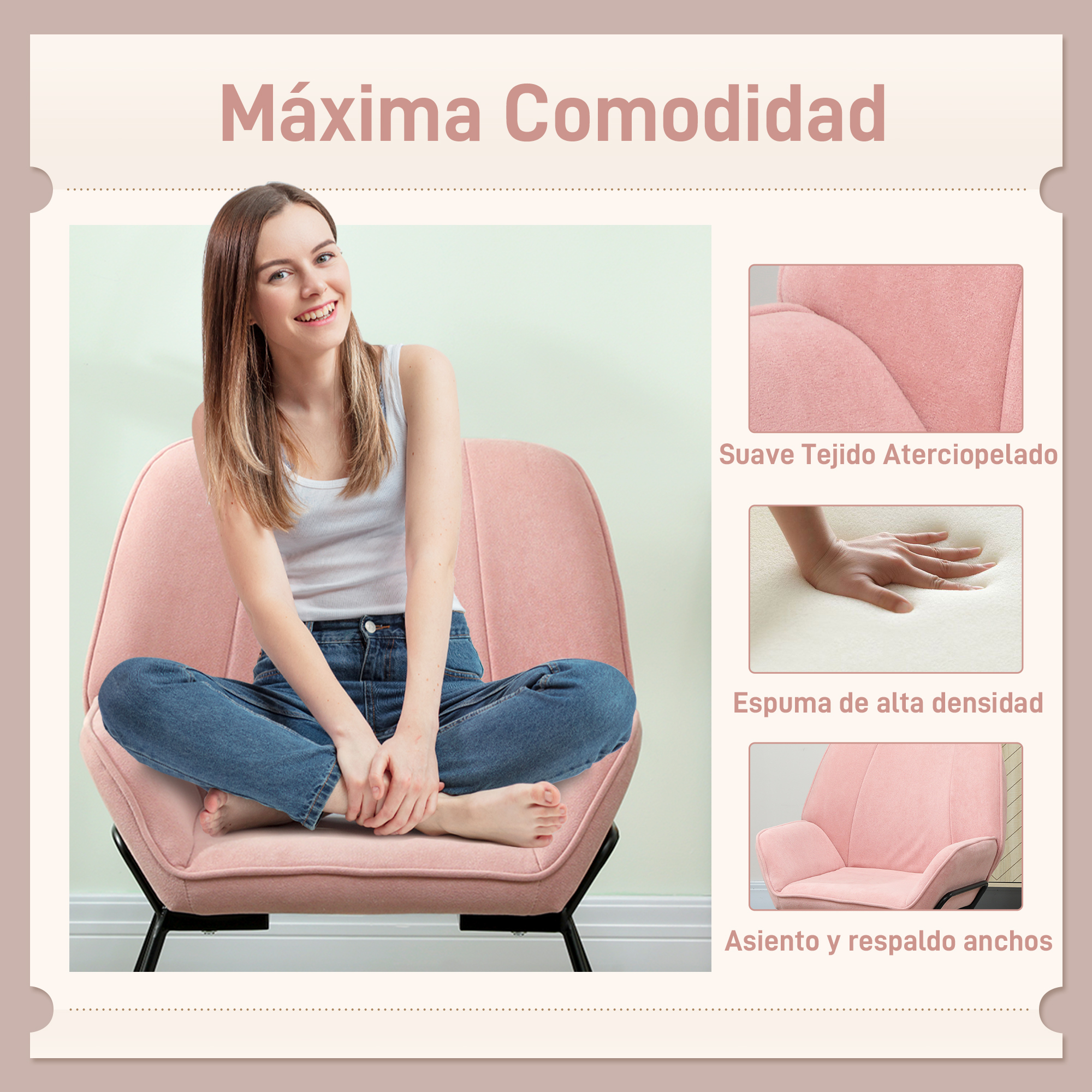 Una mujer sentada en un sillón rosa. La imagen muestra detalles de la tela, el cojín y el asiento ancho de la silla.