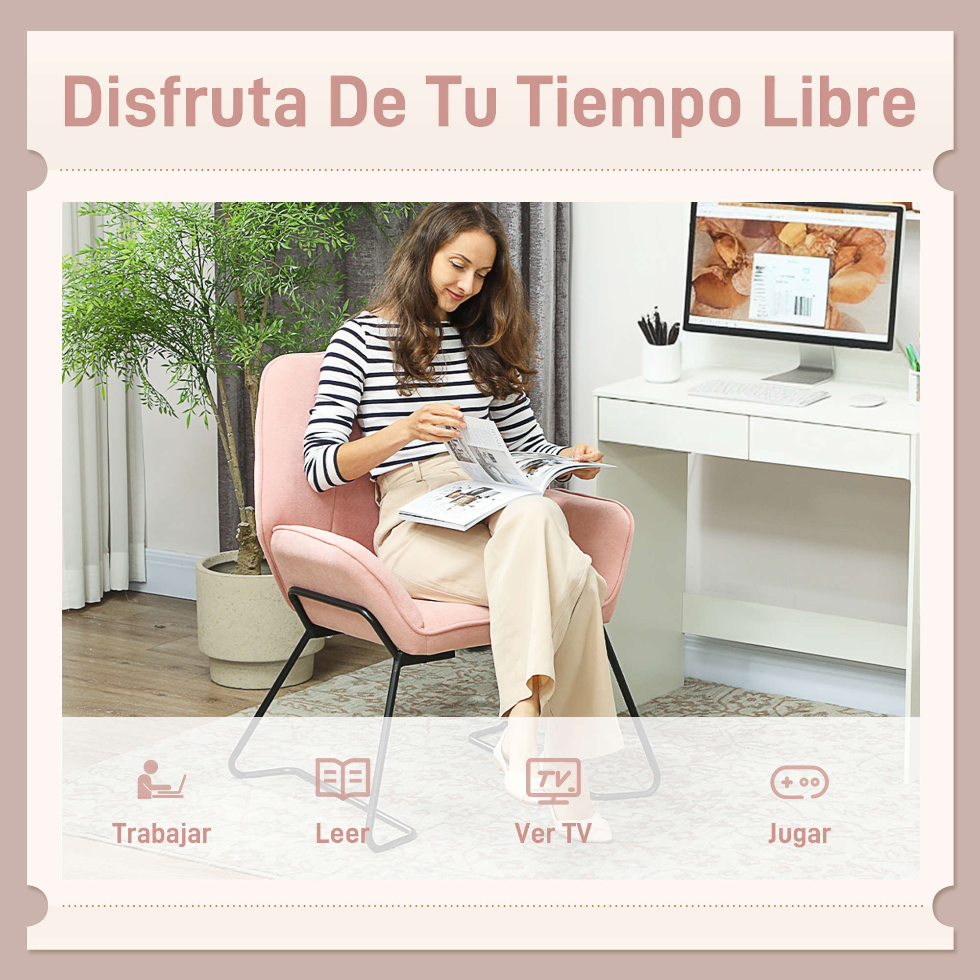 Una mujer lee una revista en una silla rosa. Una computadora y una planta están en el fondo. La escena tiene un tono cálido.