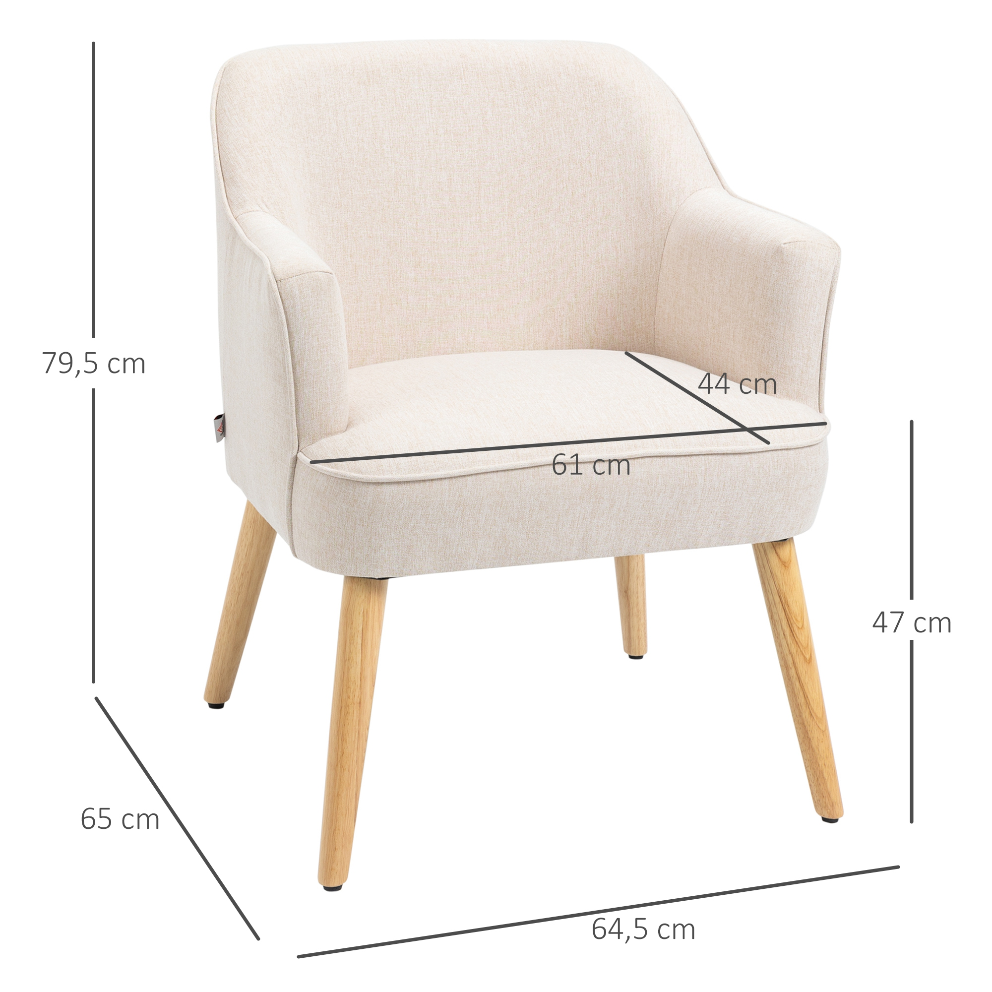 Sillón beige con patas de madera. Dimensiones: altura 79,5 cm, ancho 61 cm, profundidad 65 cm.