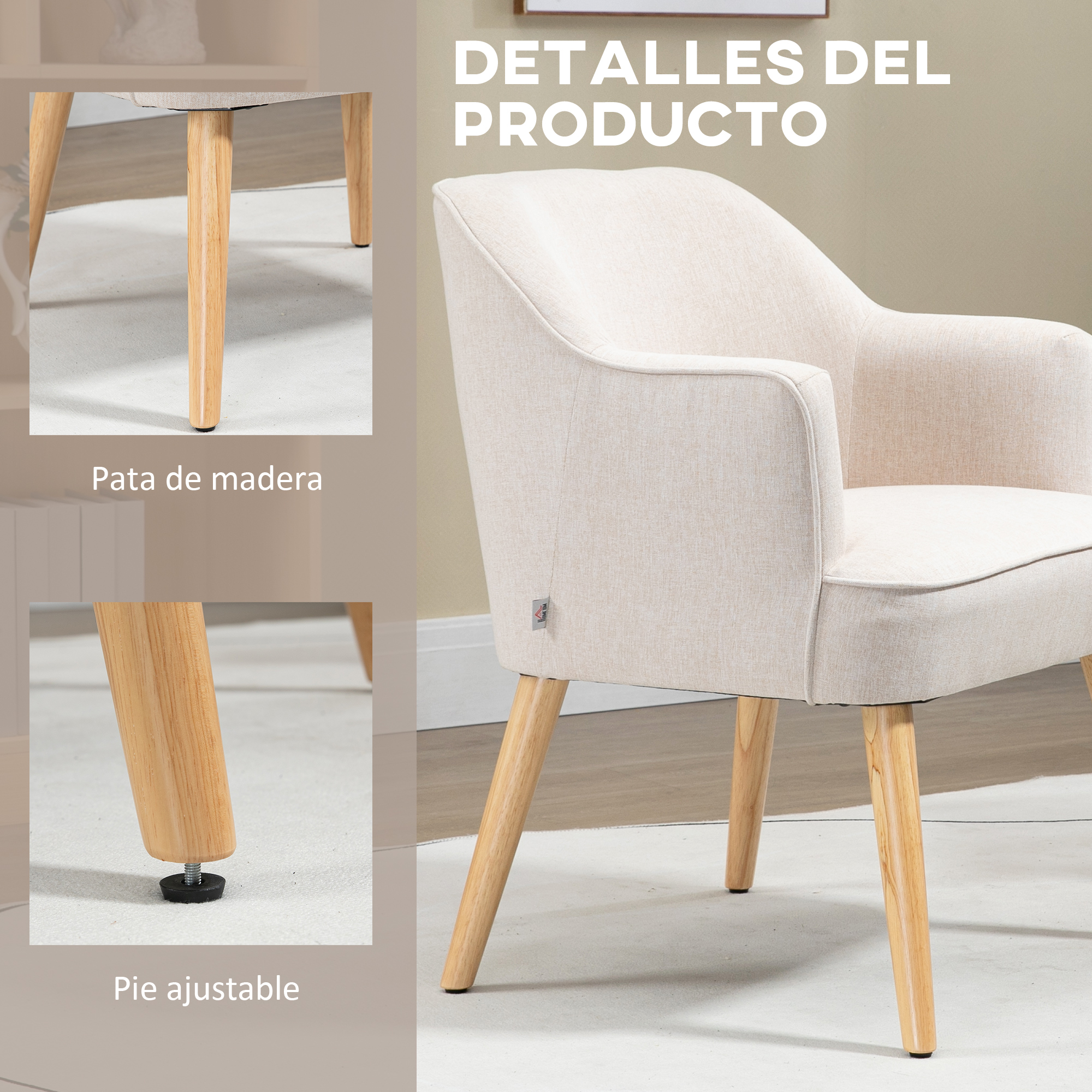 Sillón beige con patas de madera. Primeros planos muestran pie ajustable y detalles de la pata. El texto dice 'Detalles del producto'.