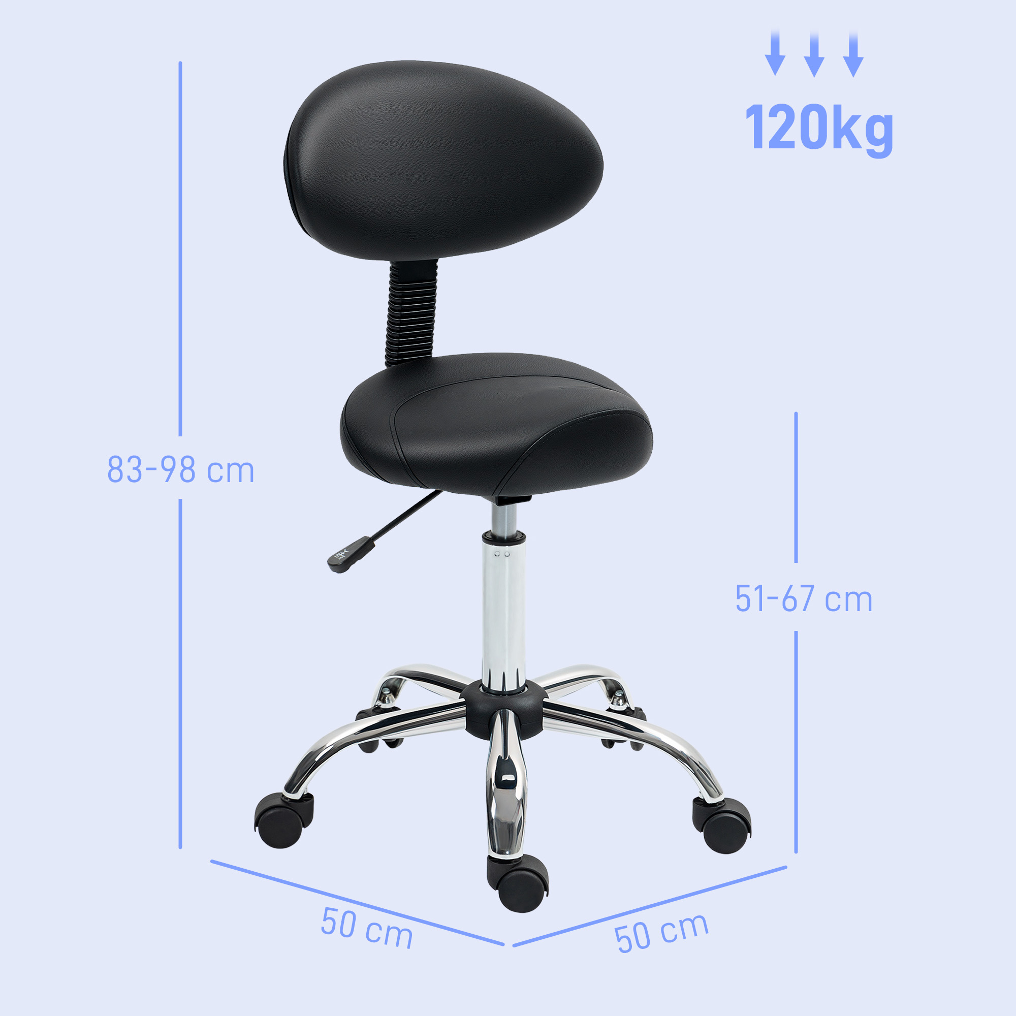 Silla de oficina negra con dimensiones e información de peso. Tiene respaldo, asiento y cinco ruedas. La silla soporta 120 kg.