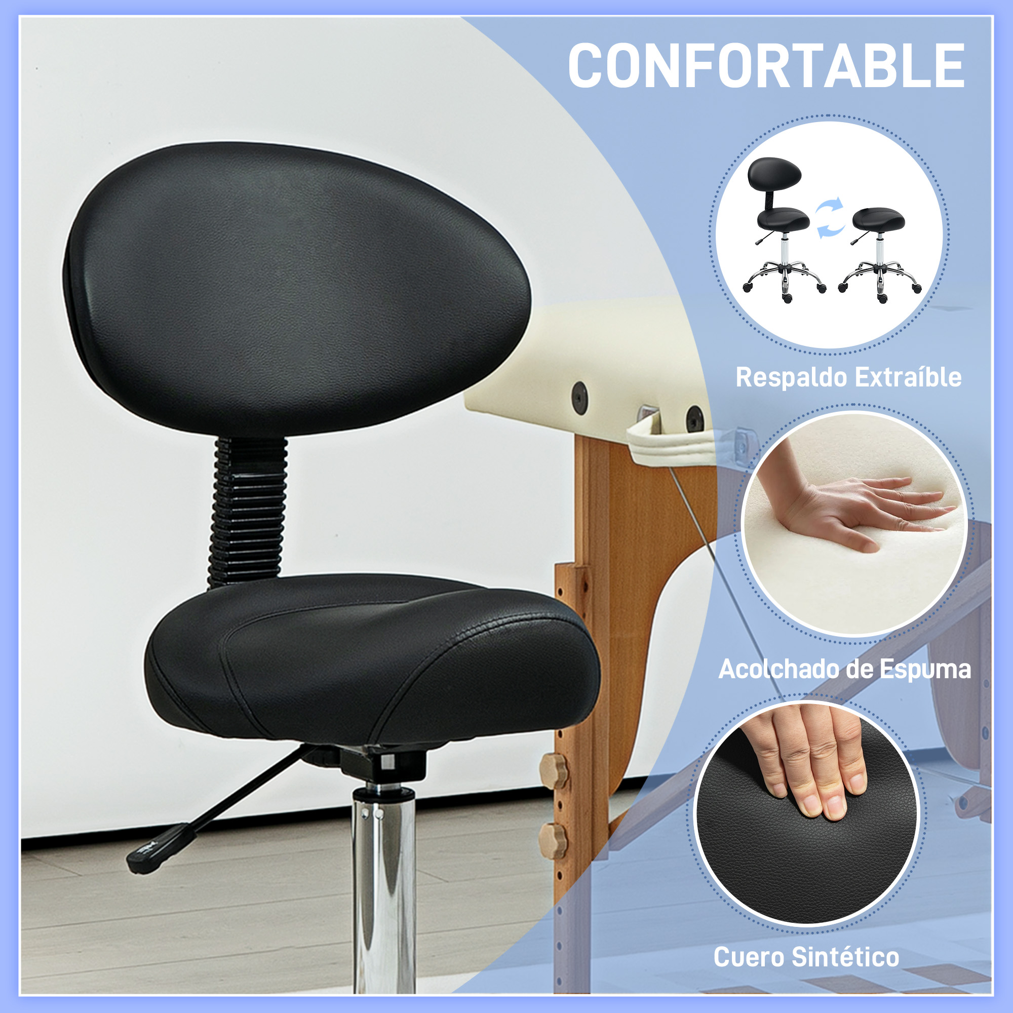 Silla de oficina negra con altura y respaldo ajustables. Cuero sintético, acolchado de espuma y base cromada. Diseño cómodo.