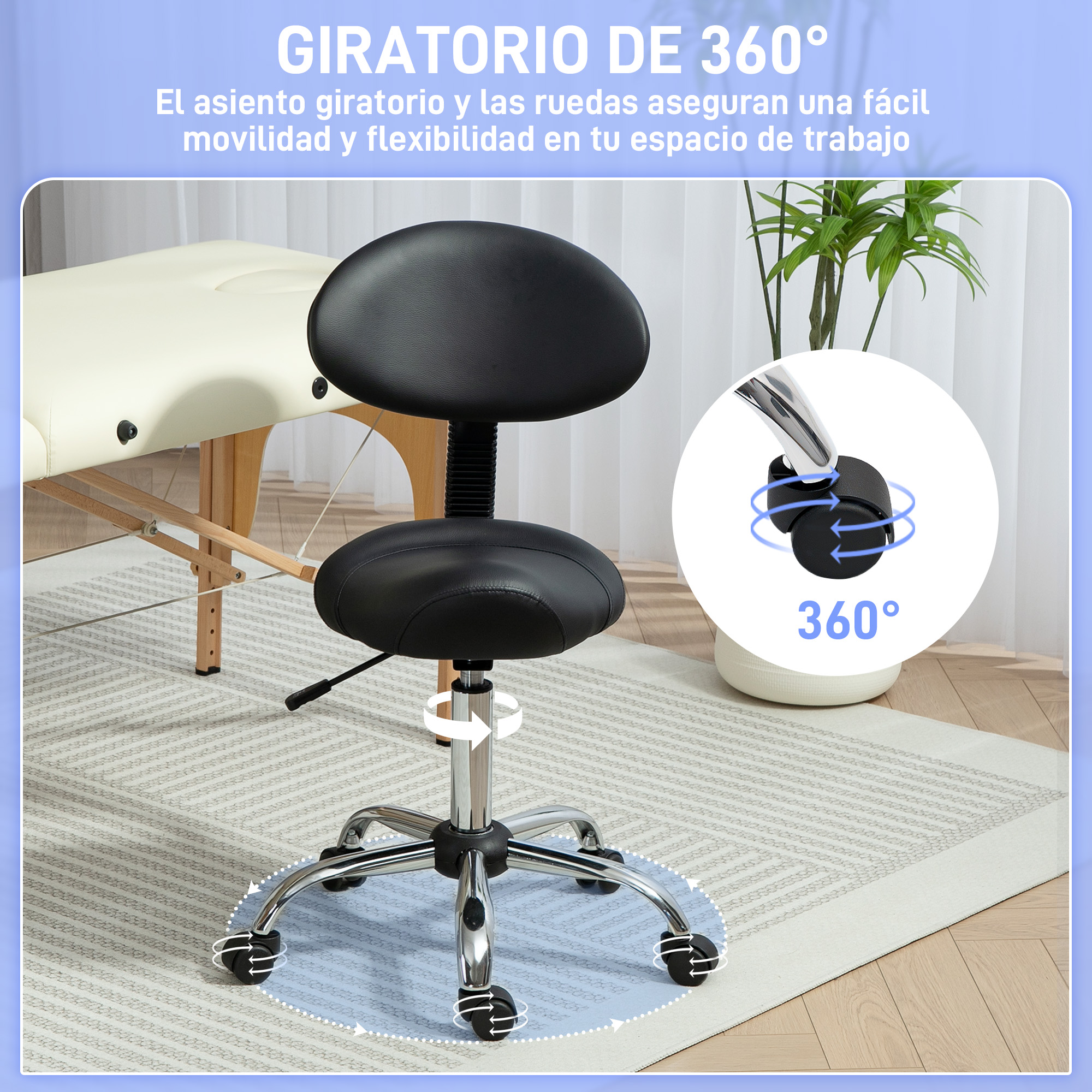 Silla giratoria negra sobre ruedas. Tiene asiento y respaldo redondeados, con base cromada, sobre alfombra.