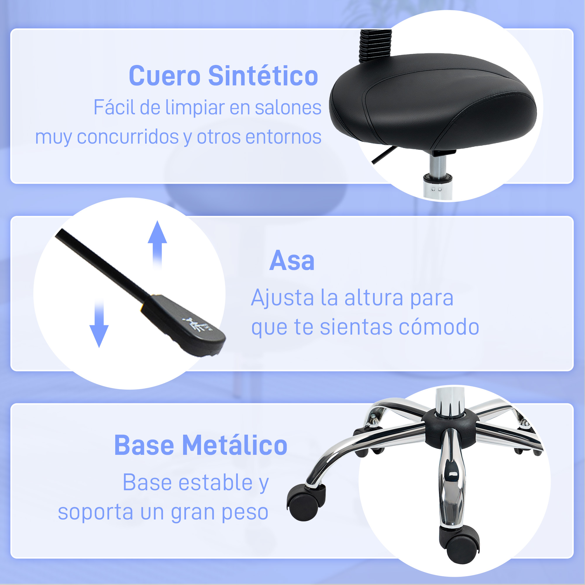 Una silla con asiento negro, manija para ajustar altura y base metálica con ruedas. También hay texto en español.