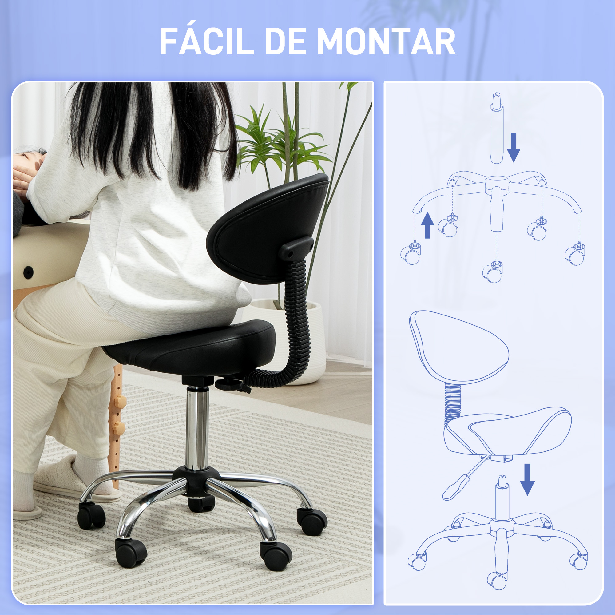 Una persona está sentada en una silla negra ajustable. Un diagrama a la derecha muestra el montaje de la silla.