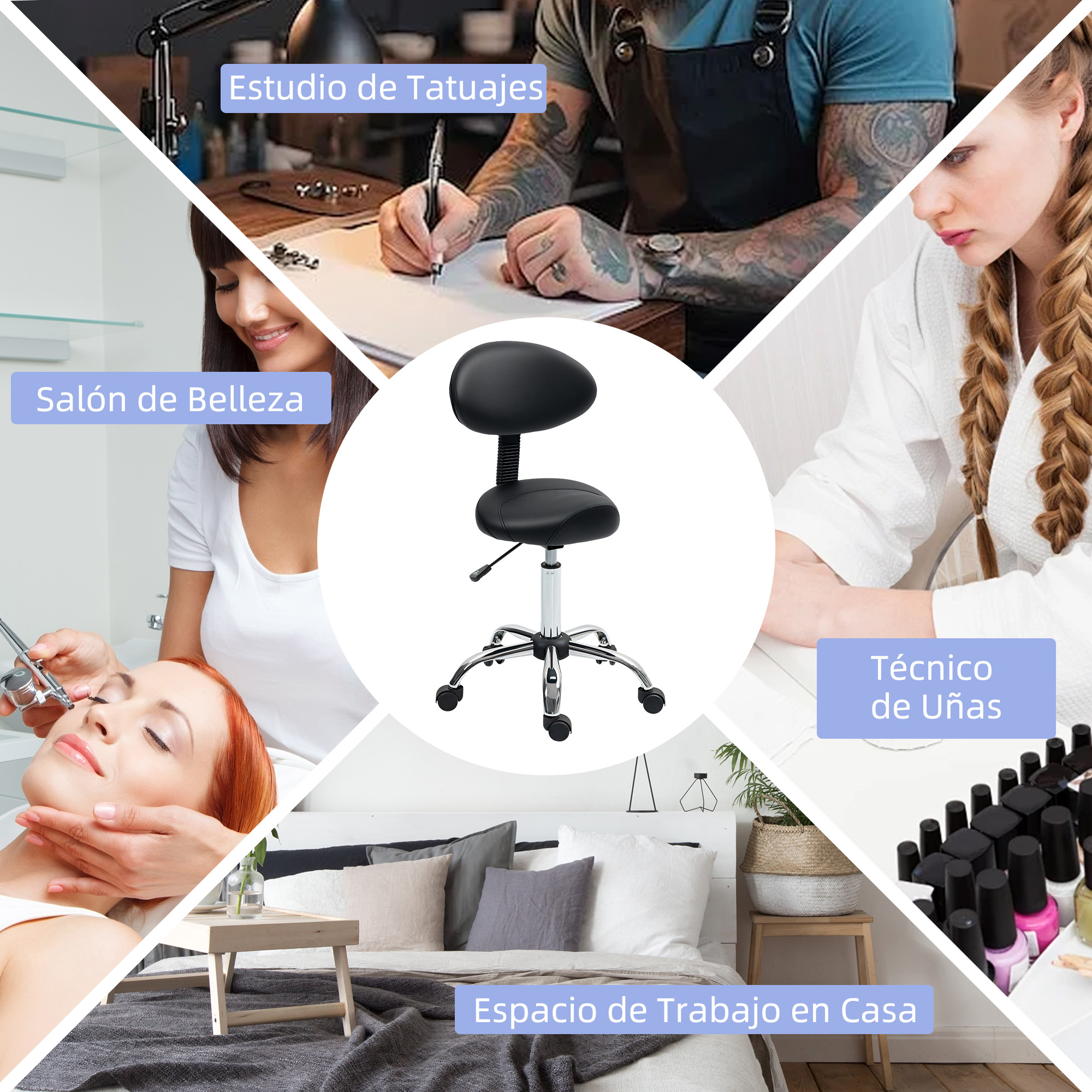 La imagen muestra salón de belleza, estudio de tatuajes, técnico de uñas y espacio de trabajo en casa, centrado en una silla negra.