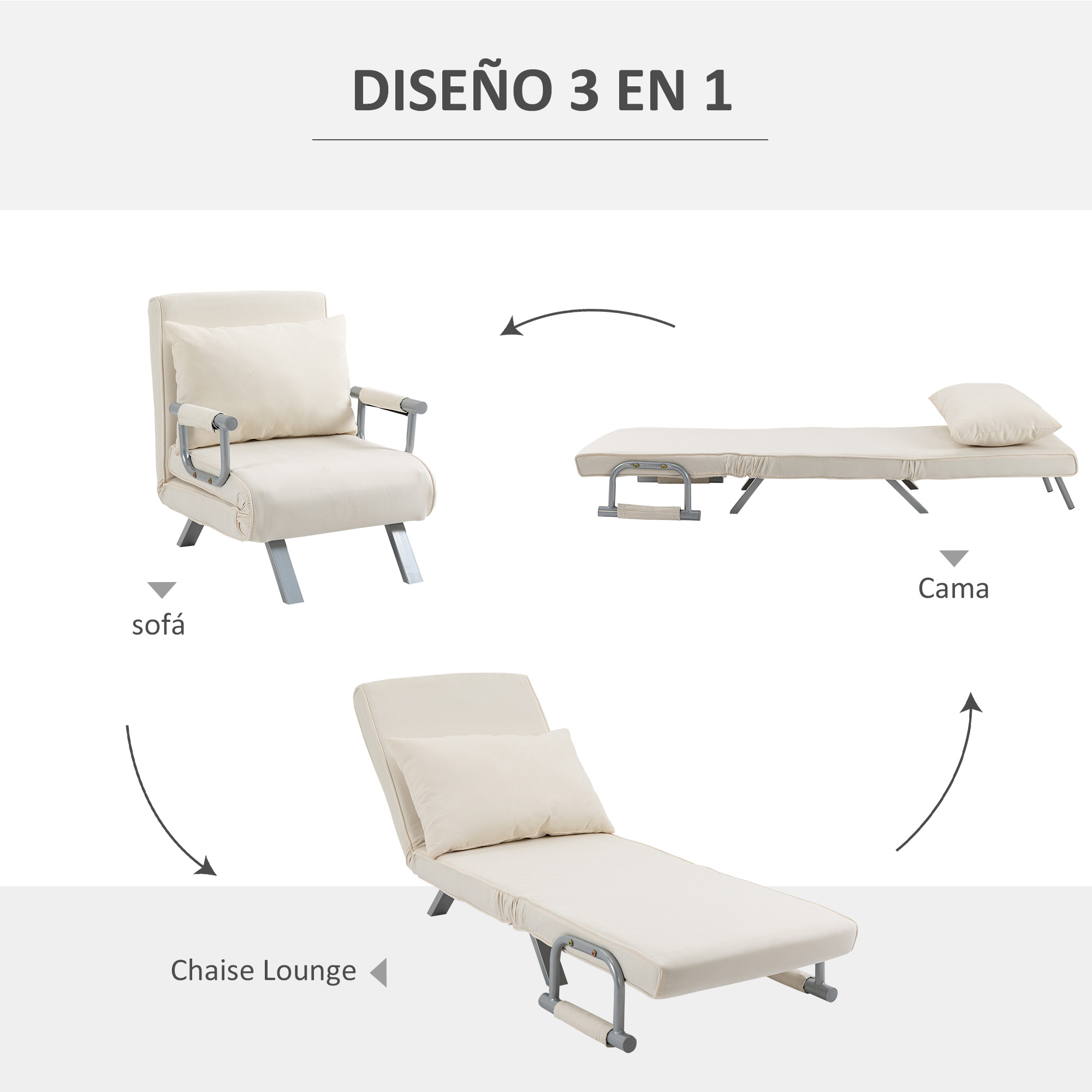 Un sofá, cama y chaise longue convertibles de color crema. Las flechas indican la transformación. Textos en español.