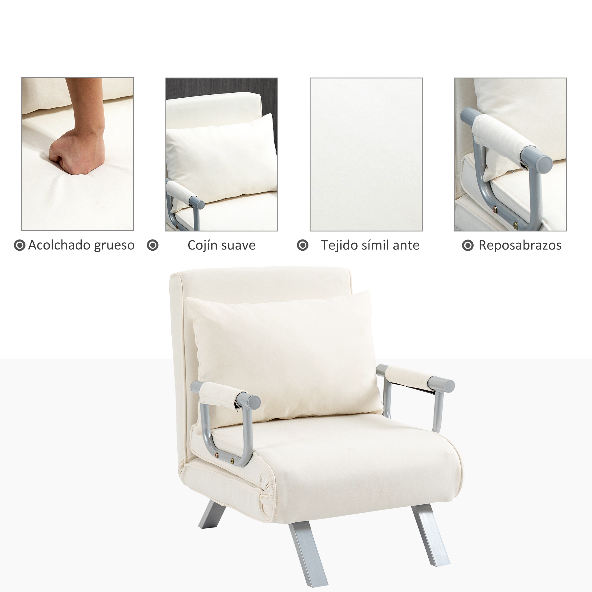Un sillón plegable color crema con una almohada. Tiene brazos y patas de metal gris. Cuatro imágenes más pequeñas arriba.