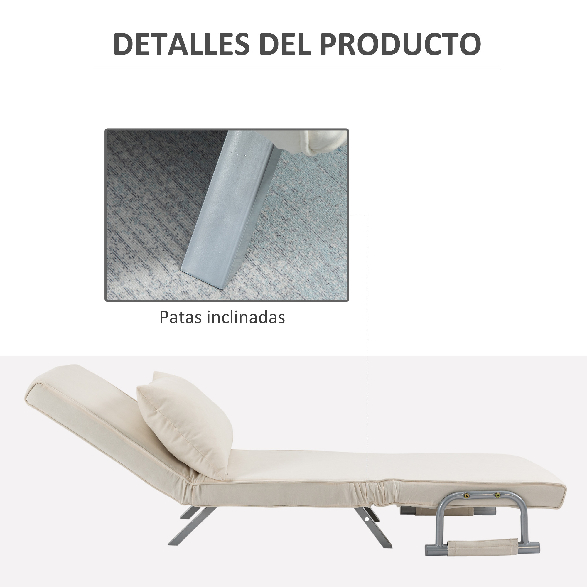 Un futón beige con una almohada. Tiene patas de metal. El fondo es blanco.