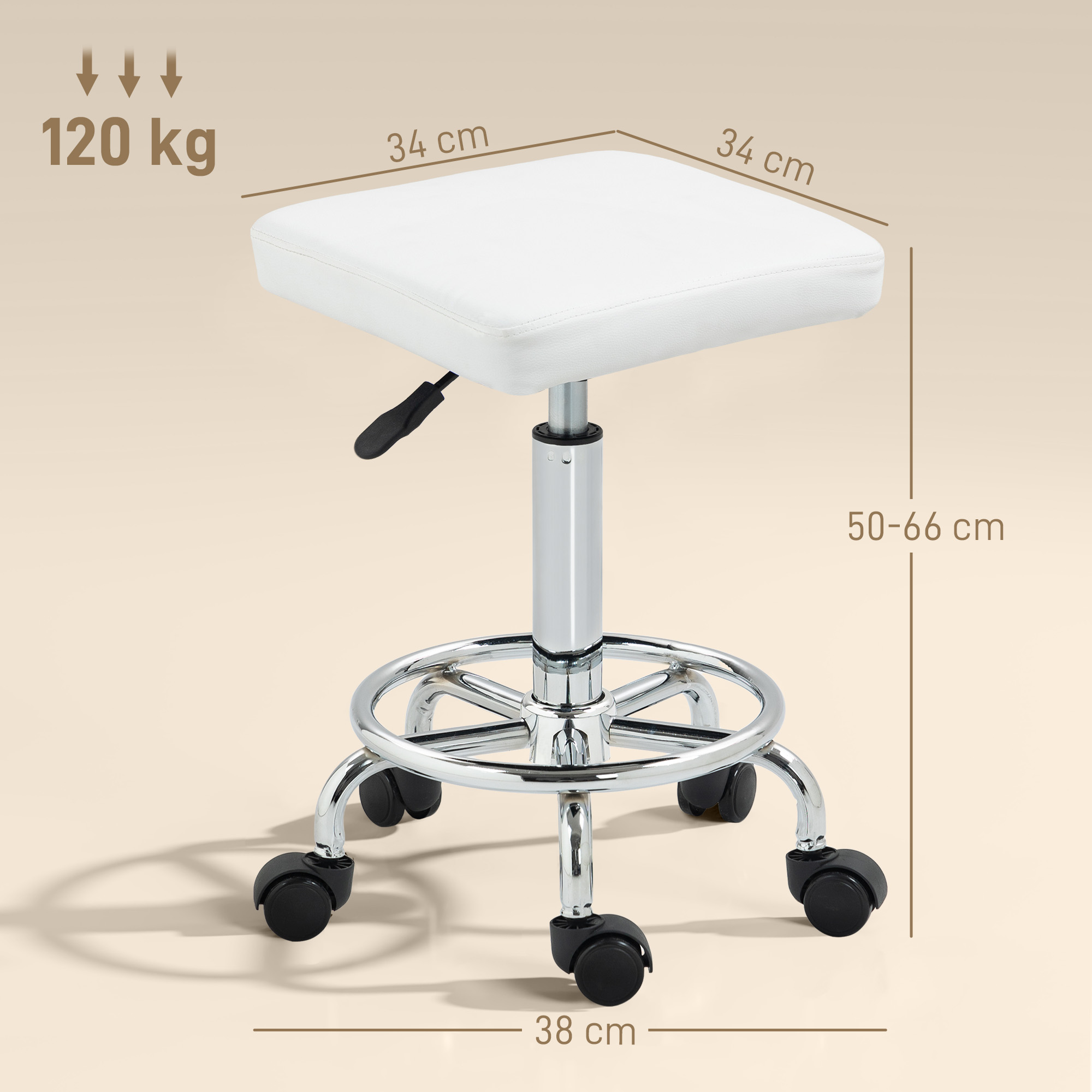 Taburete blanco y ajustable. Tiene asiento cuadrado, base cromada con ruedas y asa negra. Se muestran las dimensiones.