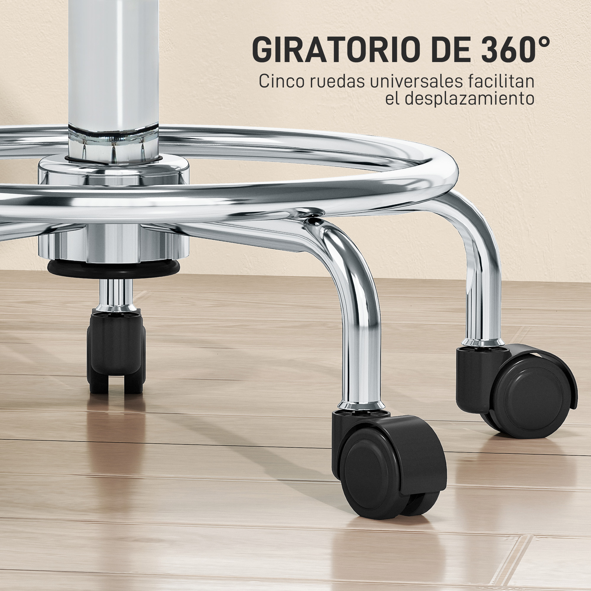 Primer plano de una base de silla con patas cromadas y ruedas negras, sobre suelo de madera con texto superpuesto.