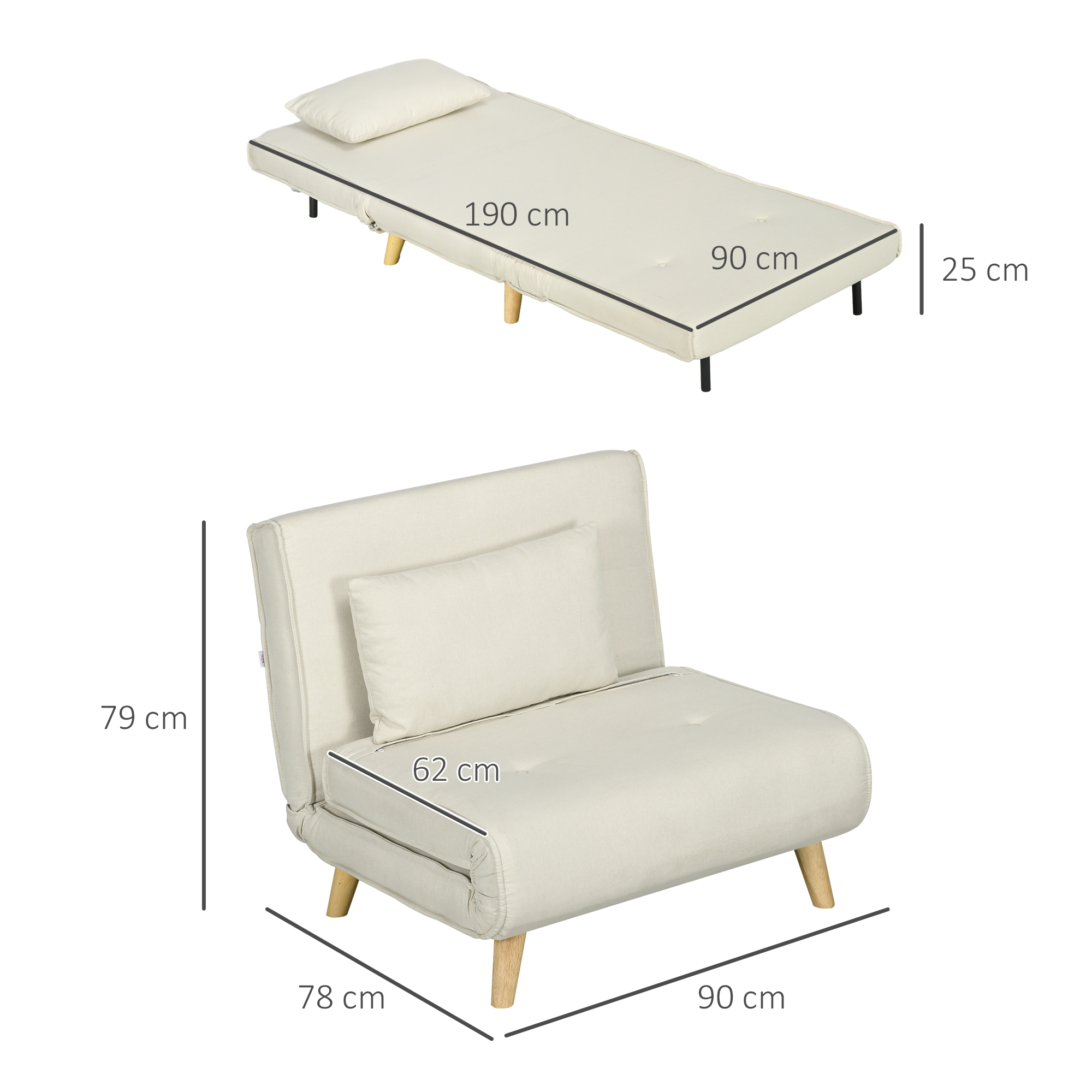 Se muestran dos sofás convertibles. Uno es plano con una almohada. El otro es una silla con almohada. Se indican las dimensiones.
