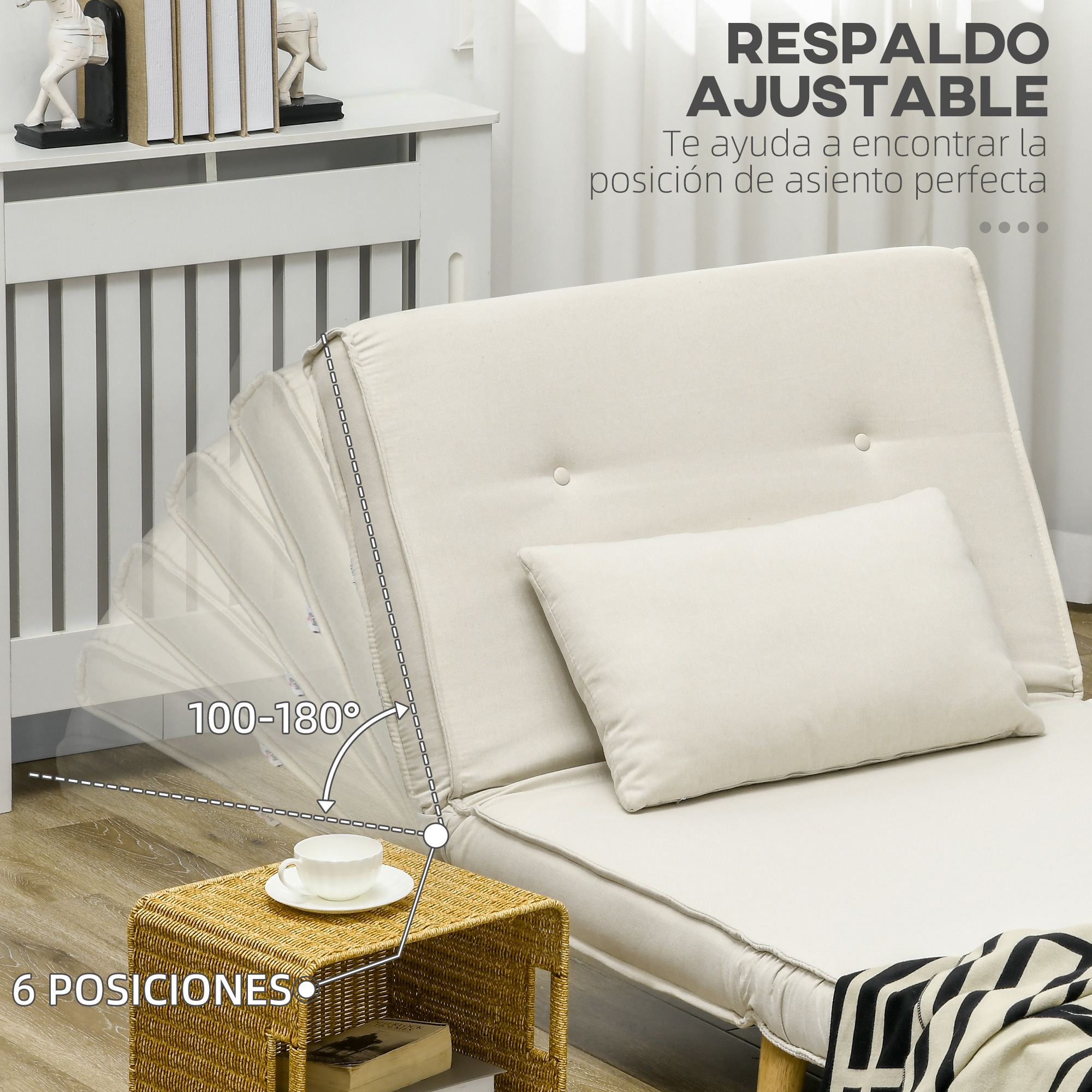 Sofá beige ajustable con almohada blanca, mesita y texto en español. Ángulo ajustable de 100 a 180 grados.