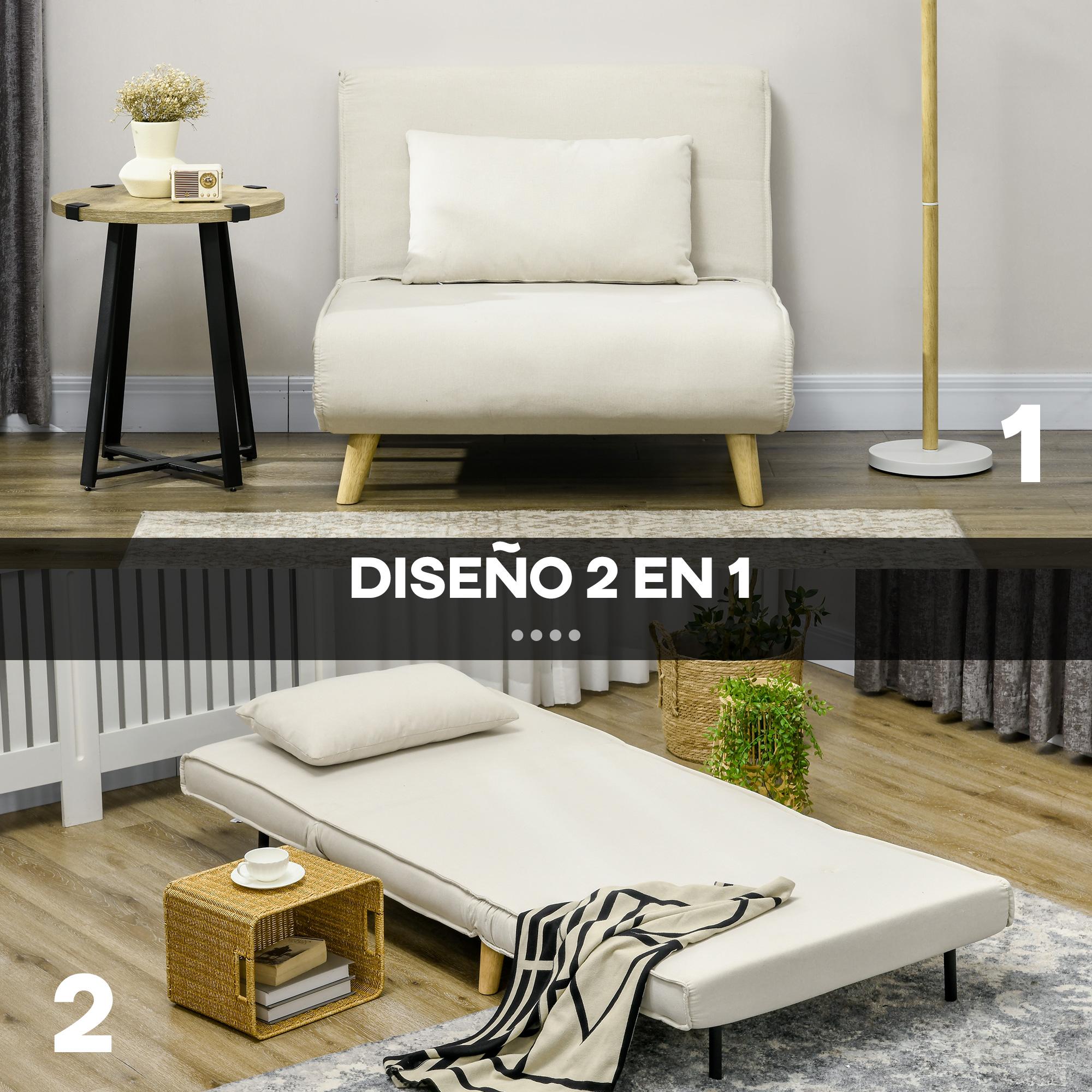 Un sofá crema en dos posiciones. También hay una mesa auxiliar con flores, una lámpara y una alfombra.