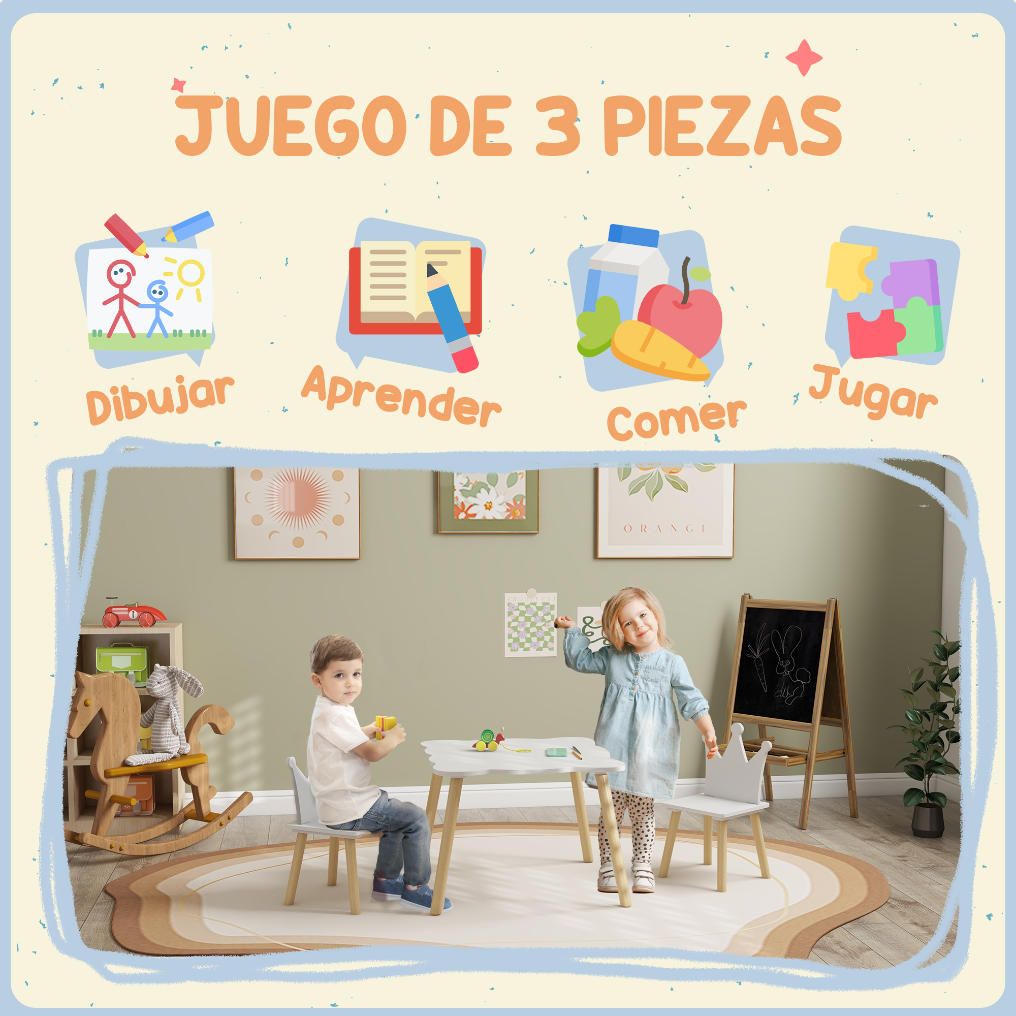 La imagen muestra a niños jugando. Iconos para dibujar, aprender, comer y jugar. Dos niños están en una habitación con una alfombra y sillas.