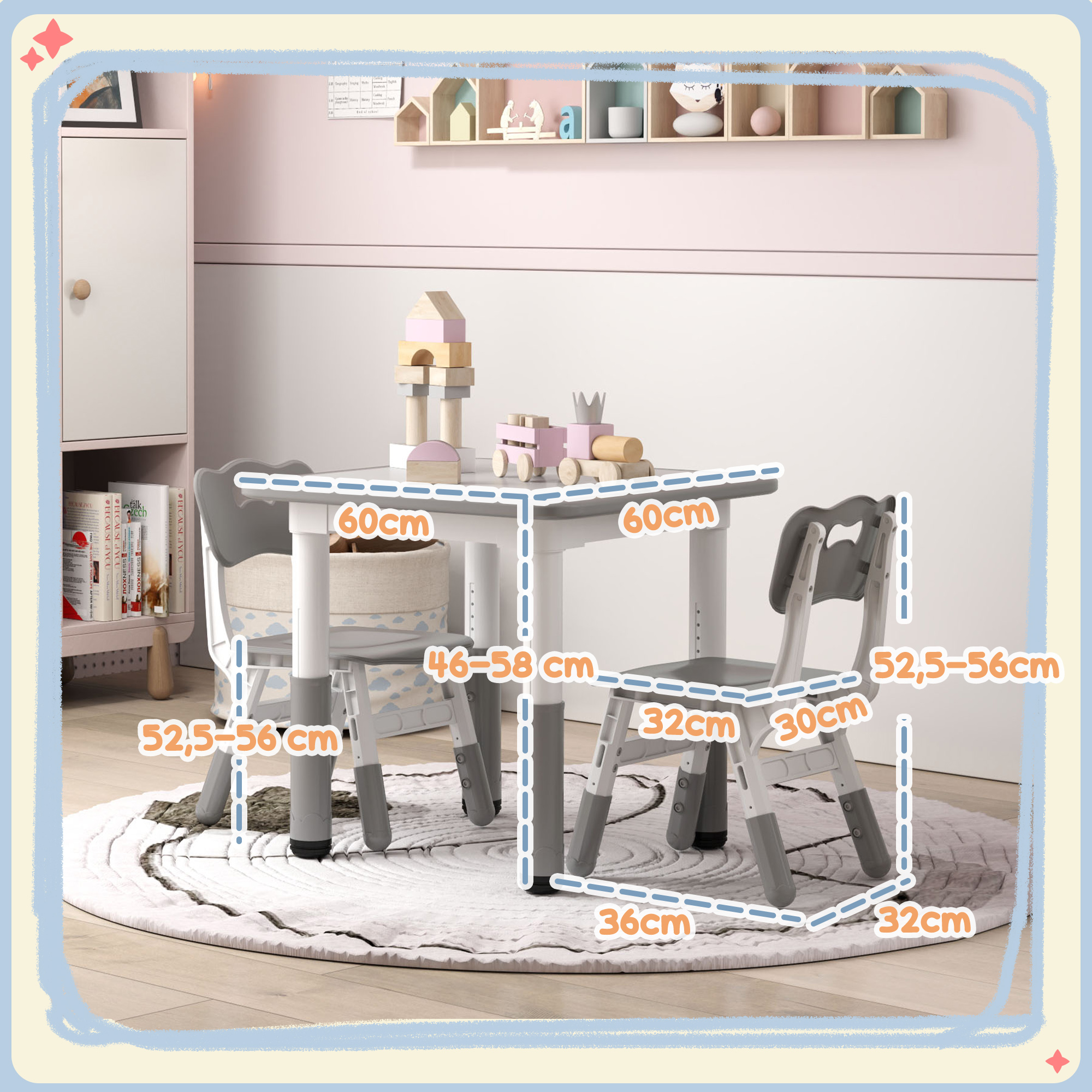 Un juego de mesa y sillas para niños con juguetes encima. La habitación tiene una alfombra y un armario.