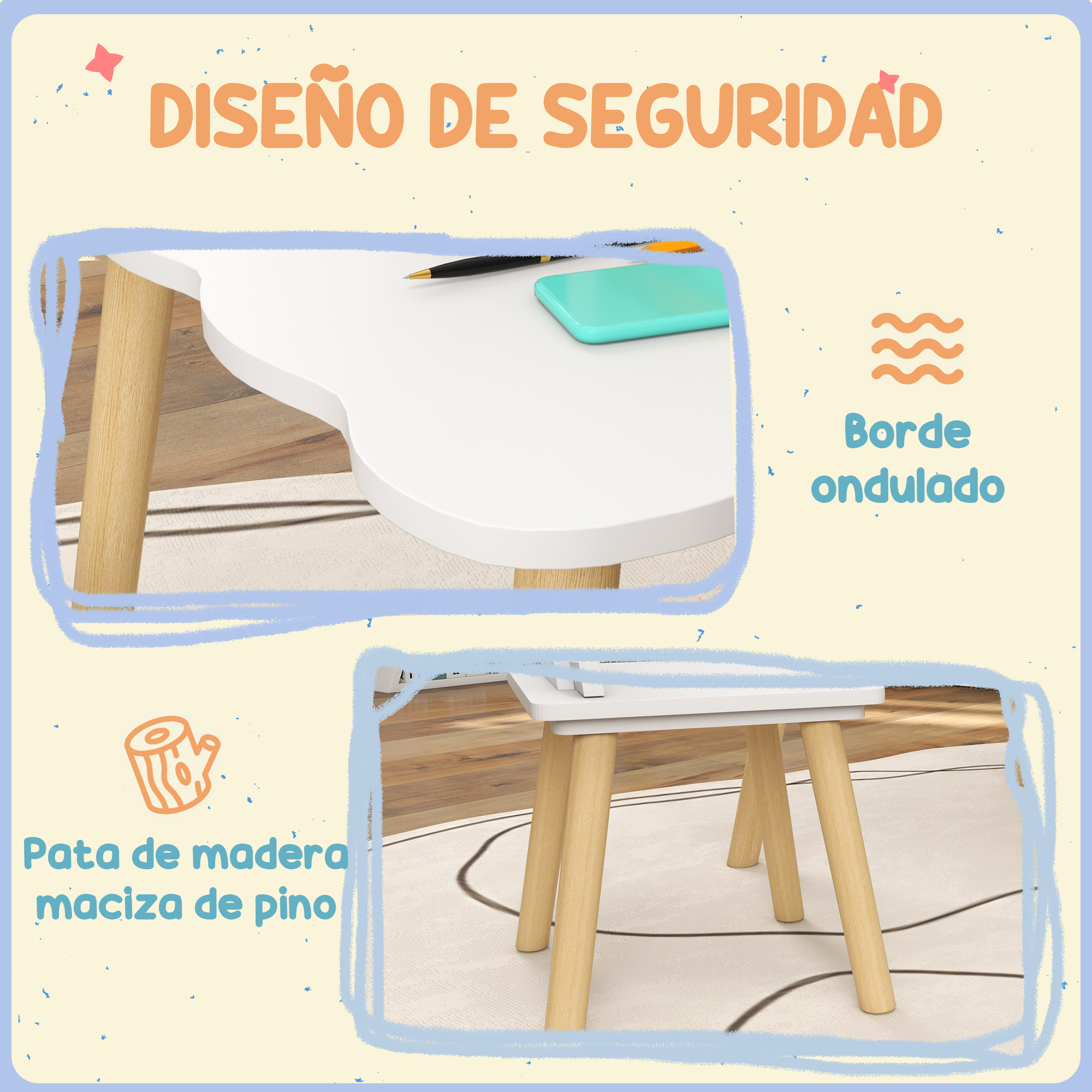 Mesa blanca con patas de madera, bolígrafo y teléfono encima. Texto: 'Diseño de Seguridad'. Sobre una alfombra beige.