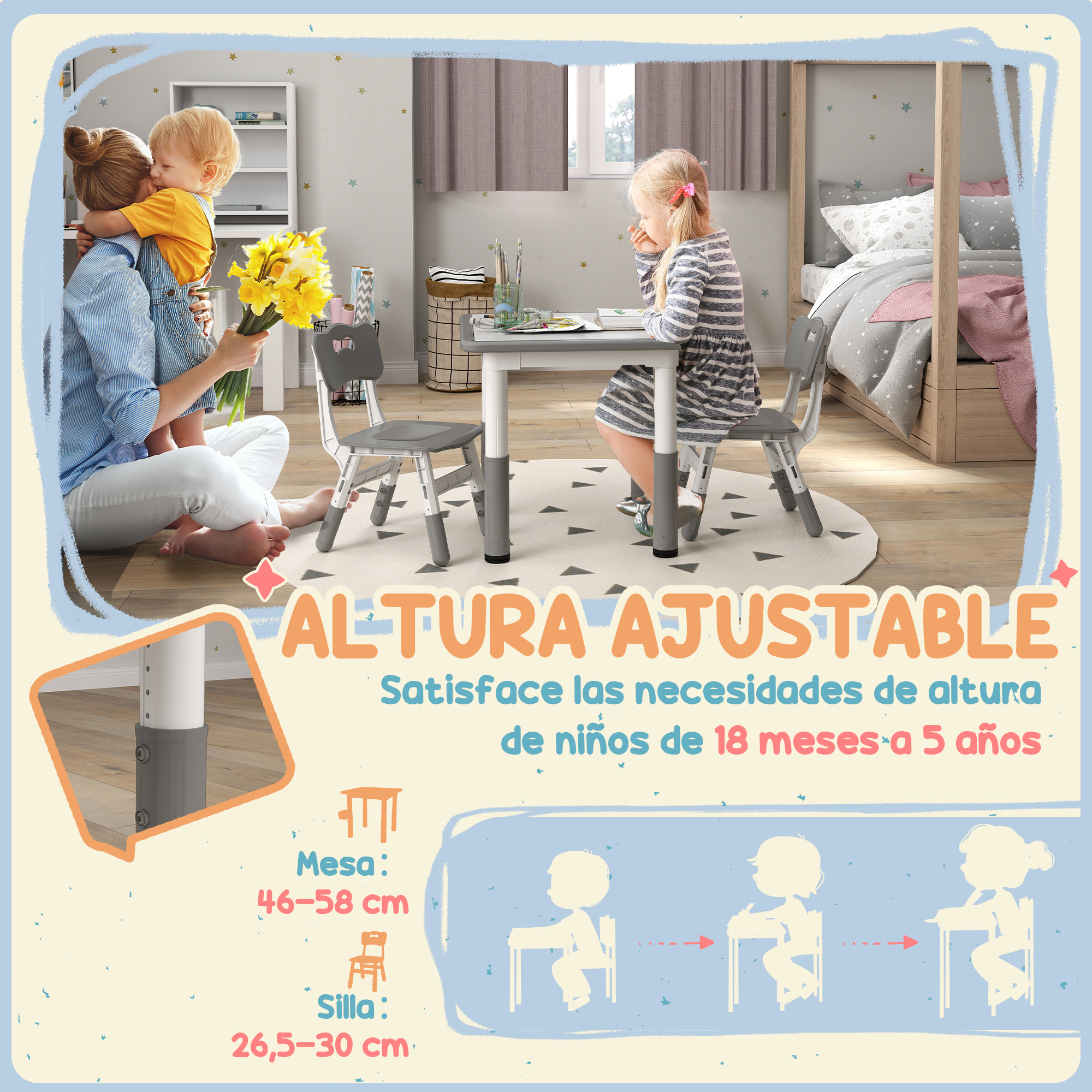 Una mujer sostiene a un niño y flores. Una niña está sentada en una mesa. El texto indica altura ajustable para niños.