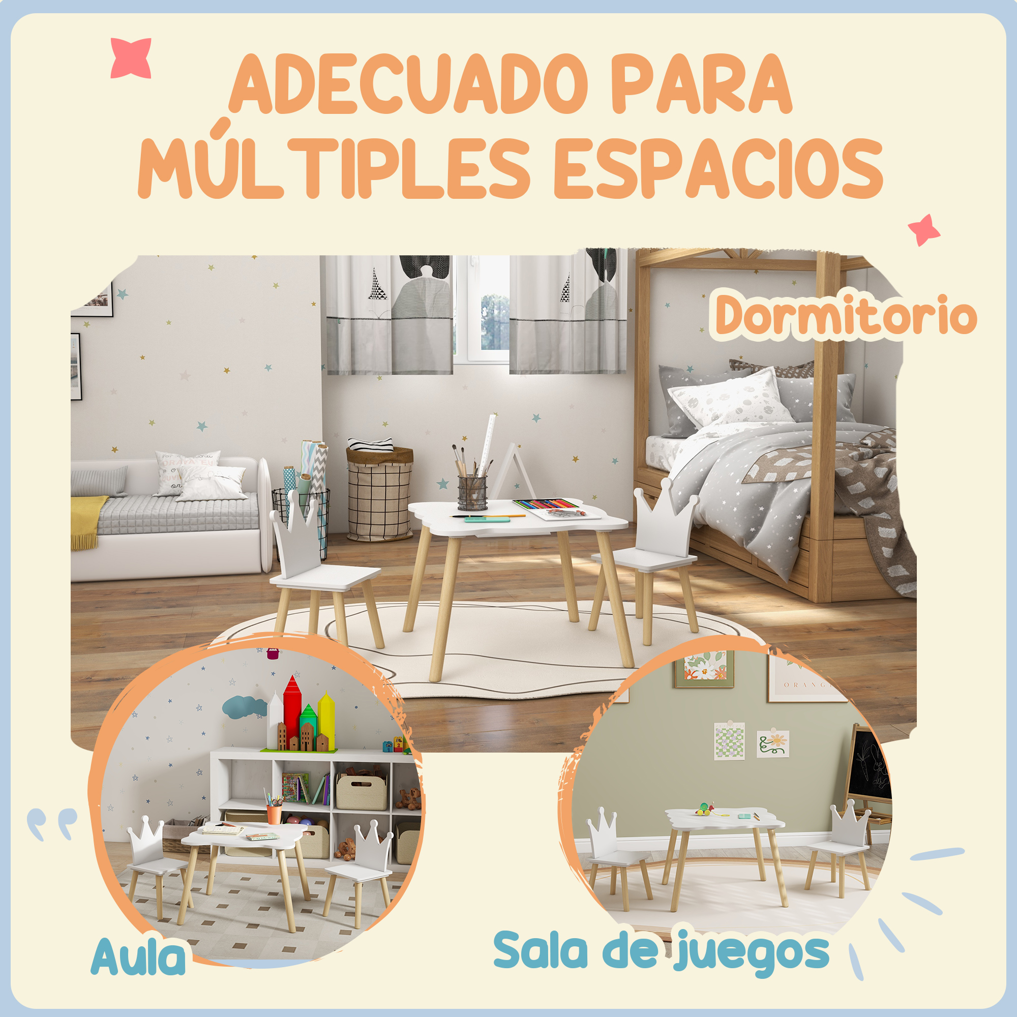 La imagen muestra muebles infantiles en diferentes habitaciones. El texto dice 'Adecuado para múltiples espacios'. Incluye dormitorio, aula y sala de juegos.
