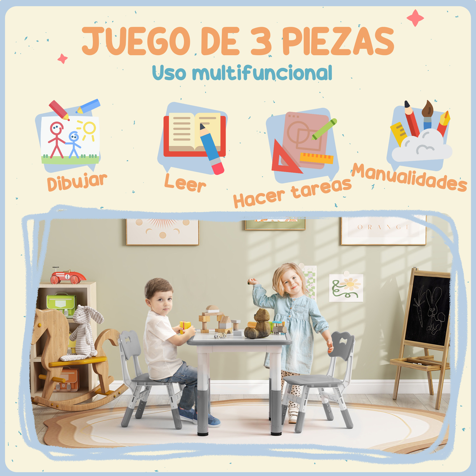 Dos niños en una mesa con bloques, un caballito balancín y una pizarra.