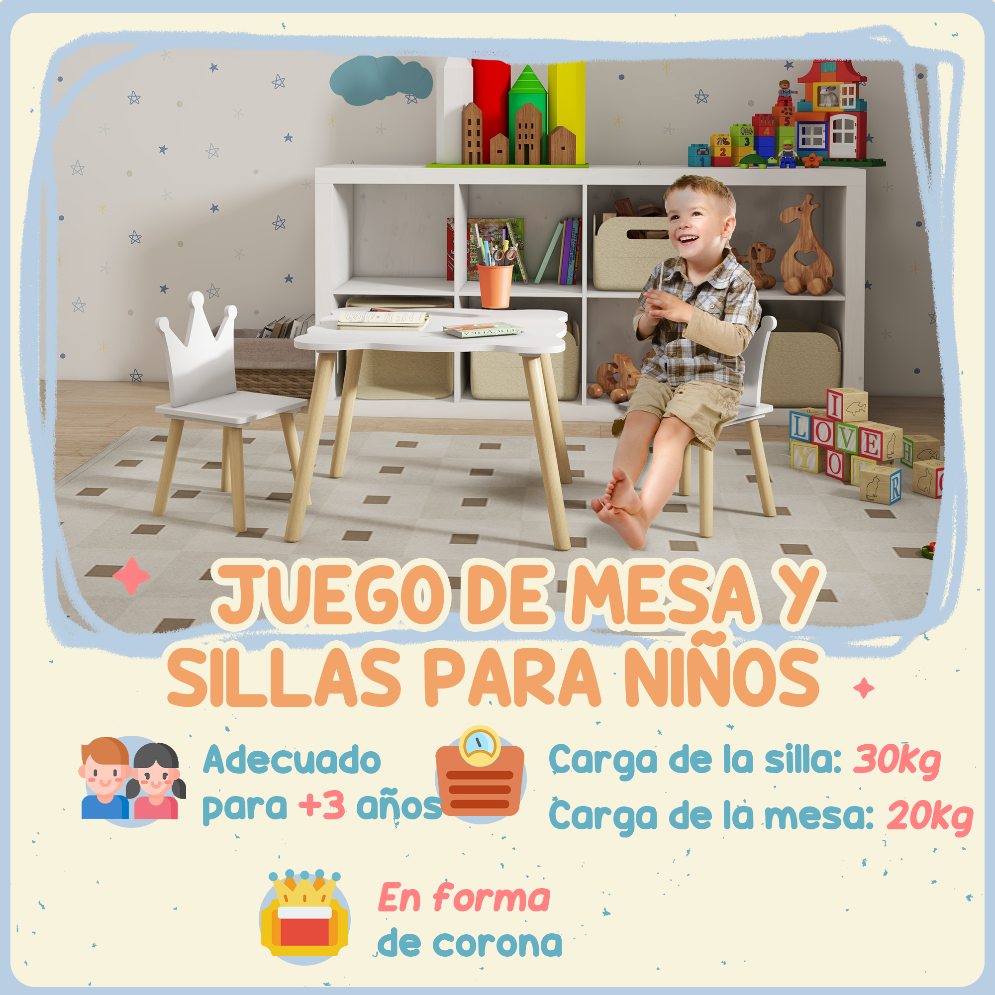 Un niño está sentado en una mesa. El texto dice 'Juego de mesa y sillas para niños', adecuado para +3 años.