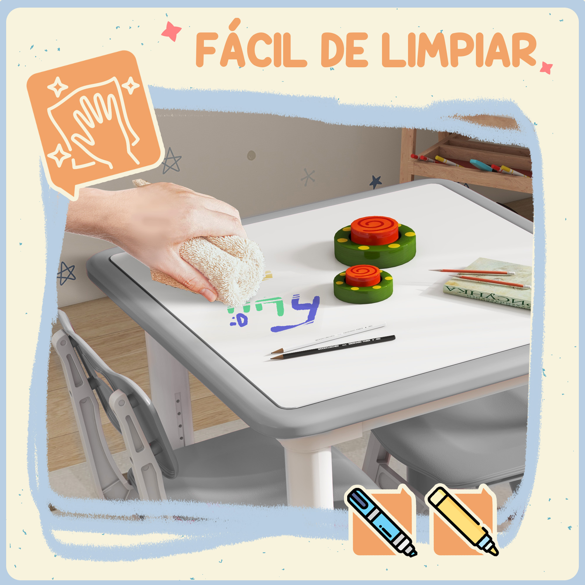 Una mano limpia una mesa blanca con un paño. Hay dos juguetes verdes, lápices y el texto 'Fácil de Limpiar'.