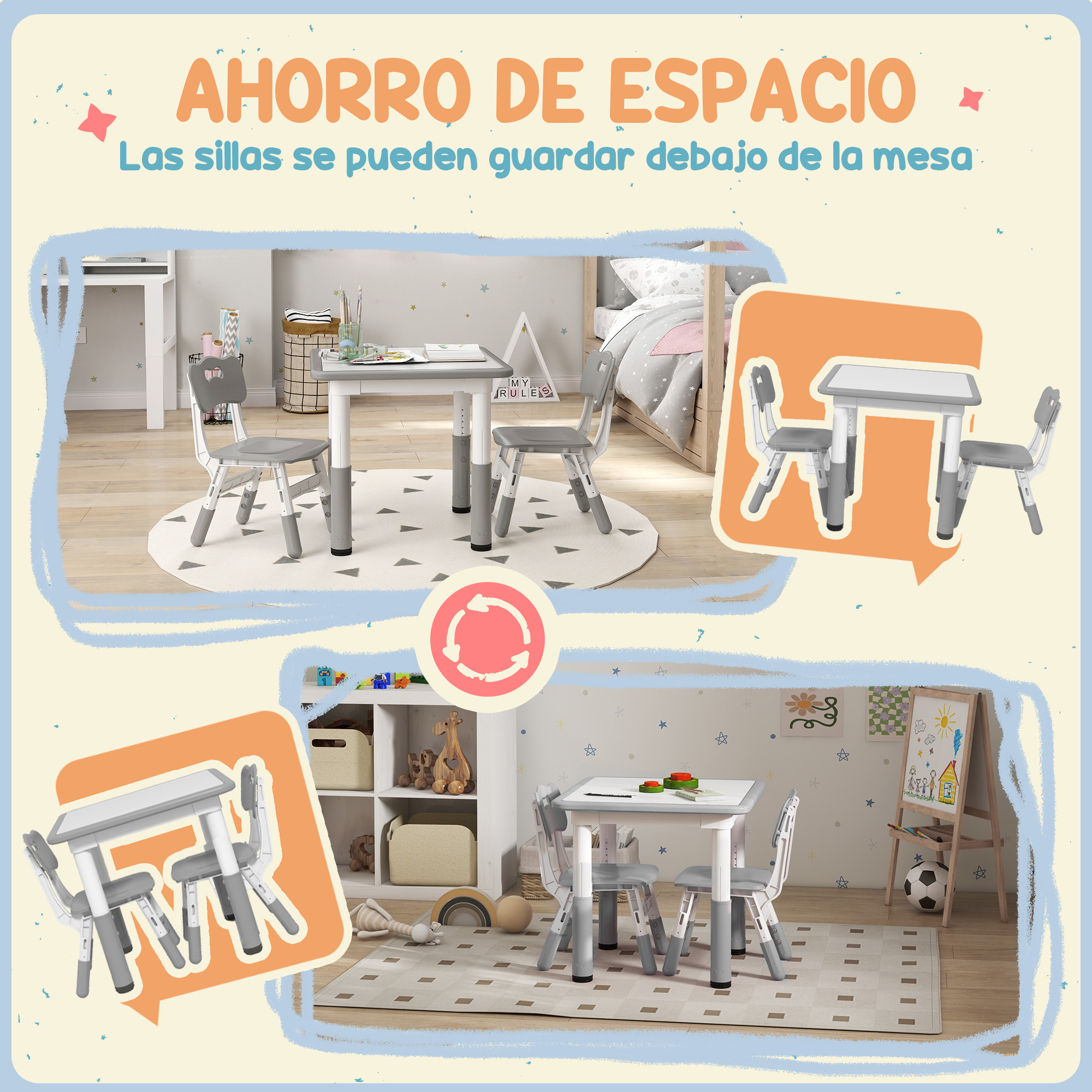 Un juego de mesa y sillas para niños. Las sillas se pueden guardar debajo de la mesa. Texto en español que dice 'ahorro de espacio'.