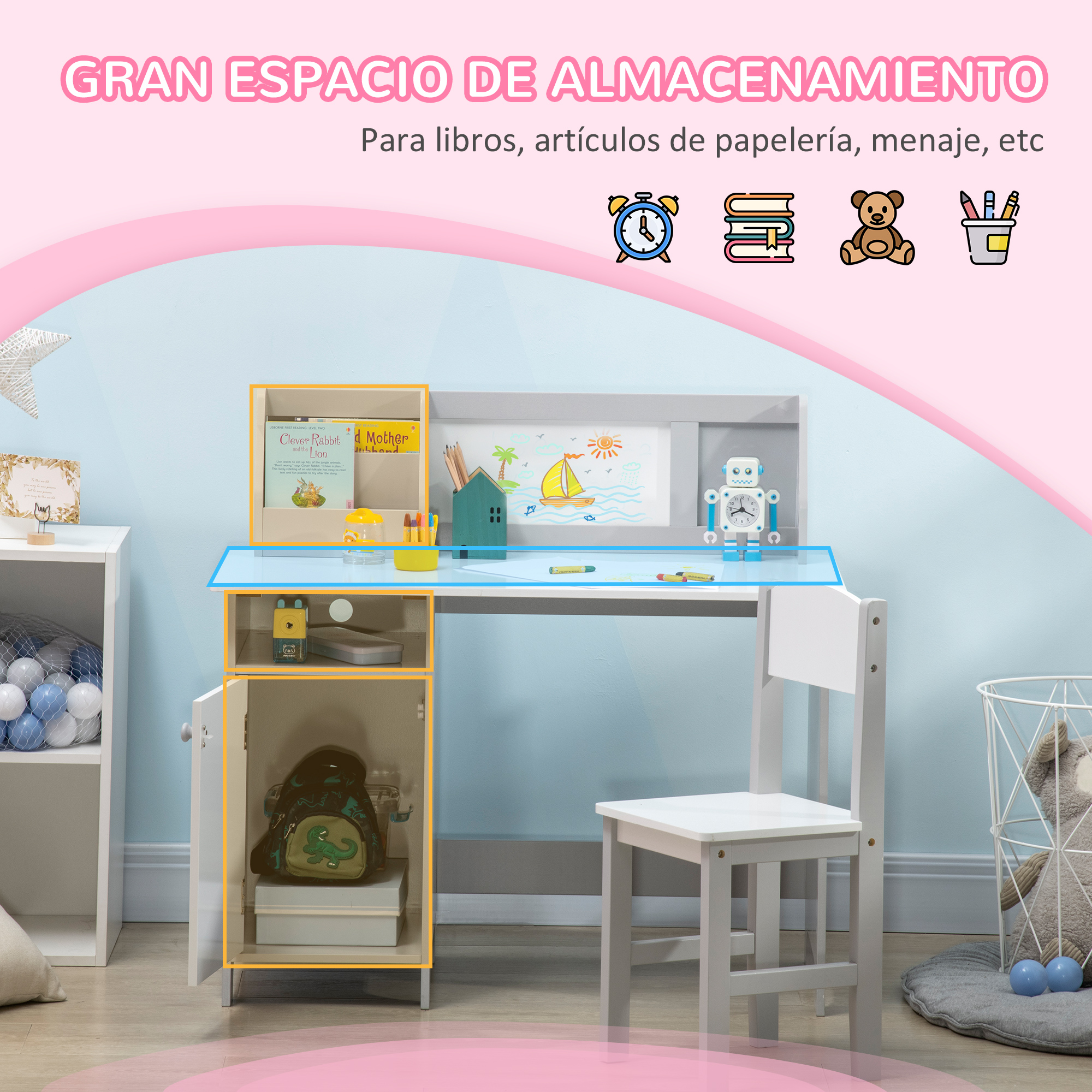 Un escritorio infantil con una silla. Libros, juguetes y útiles de arte están en el escritorio y en el almacenamiento.