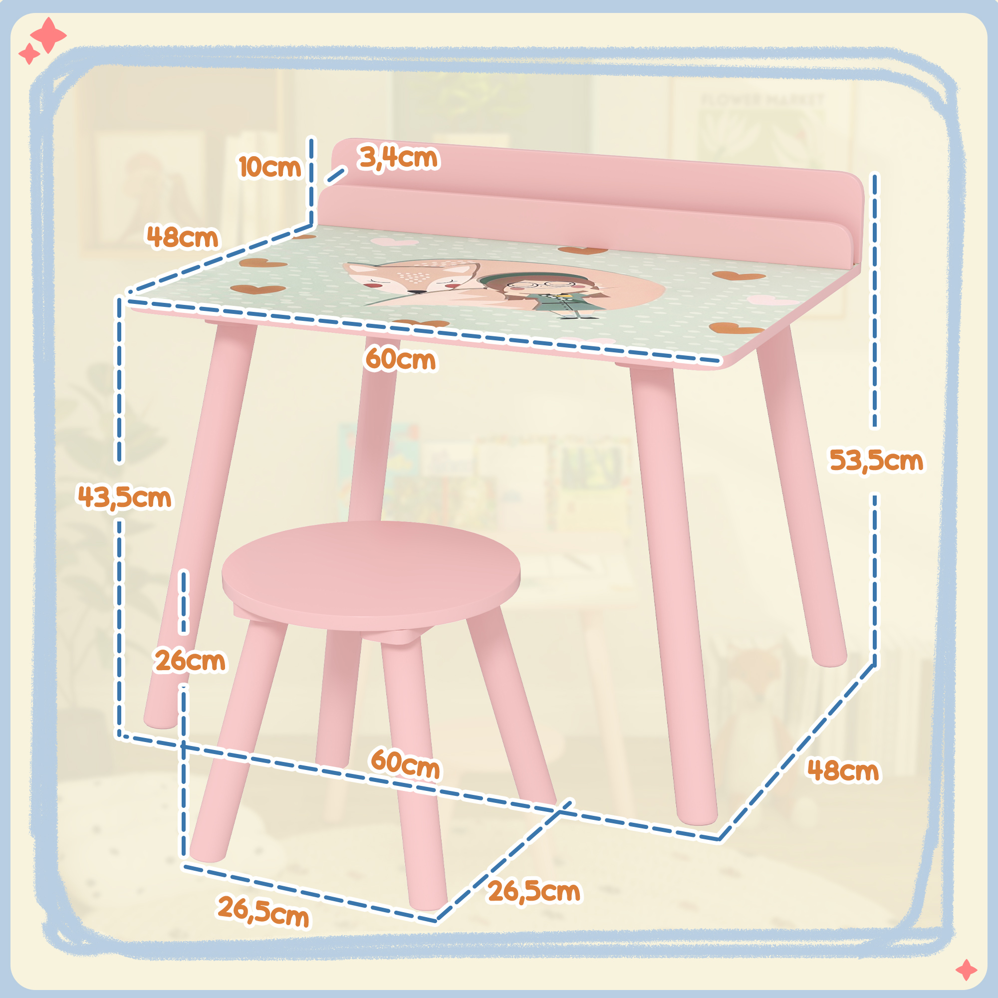 Juego de mesa y silla rosa para niños. La mesa tiene un diseño de zorro y niña. Las dimensiones están etiquetadas en la imagen.