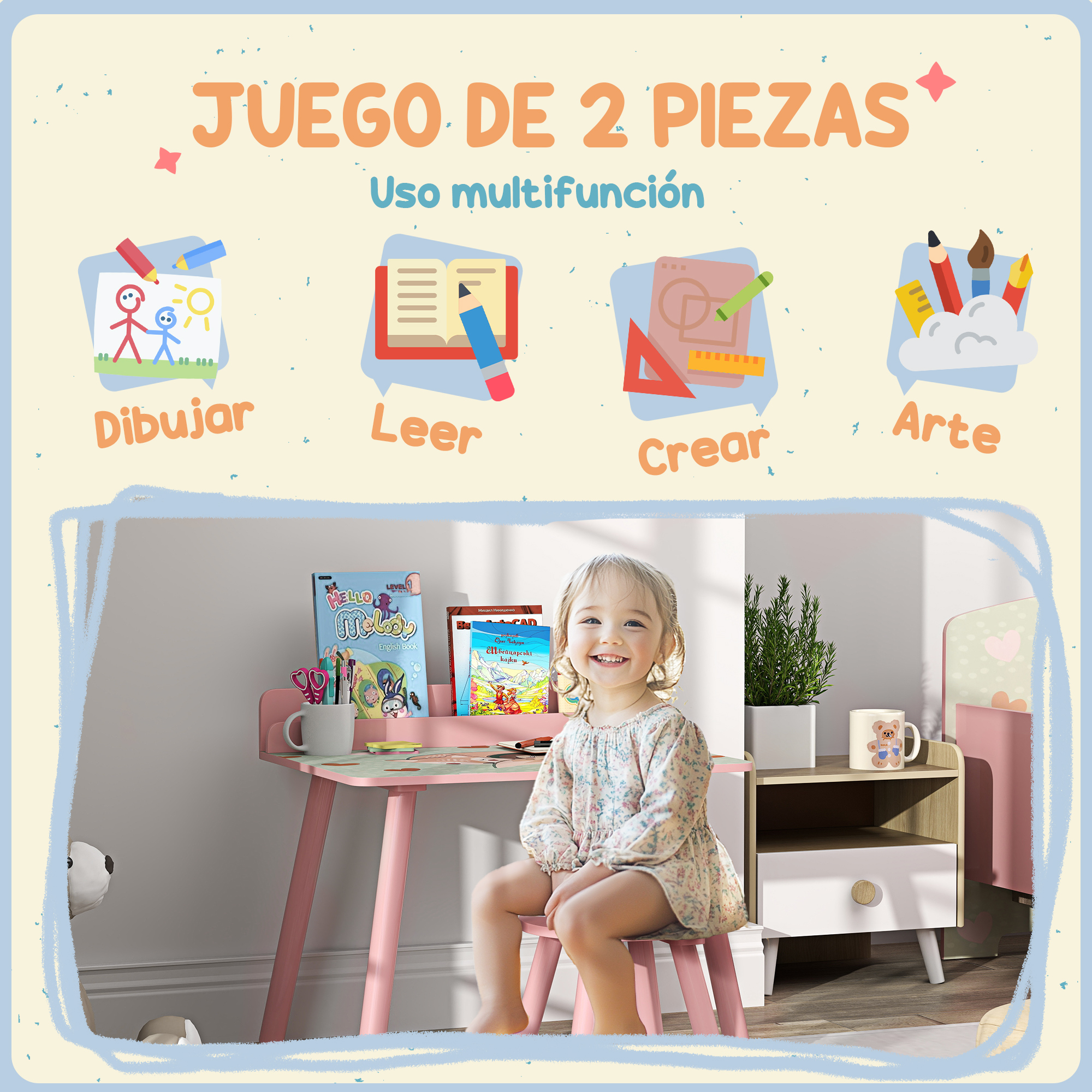 Una niña sentada en un escritorio rosa con libros, una taza y una planta. La imagen muestra opciones: dibujar, leer, crear y arte.