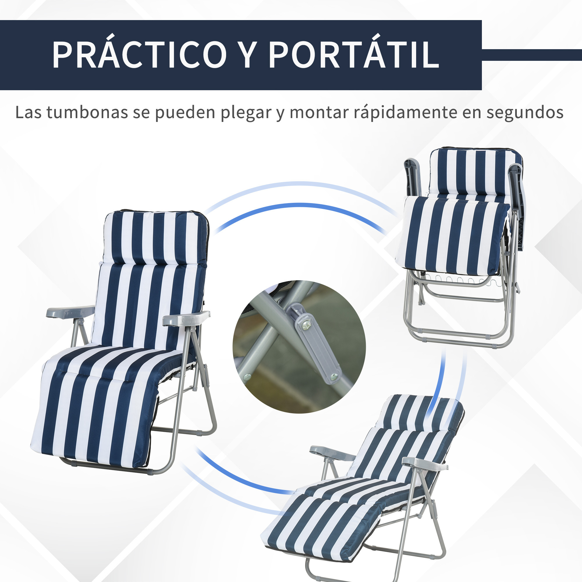 Tres sillas plegables a rayas azules y blancas. Una abierta, una plegada, y un primer plano de una bisagra.