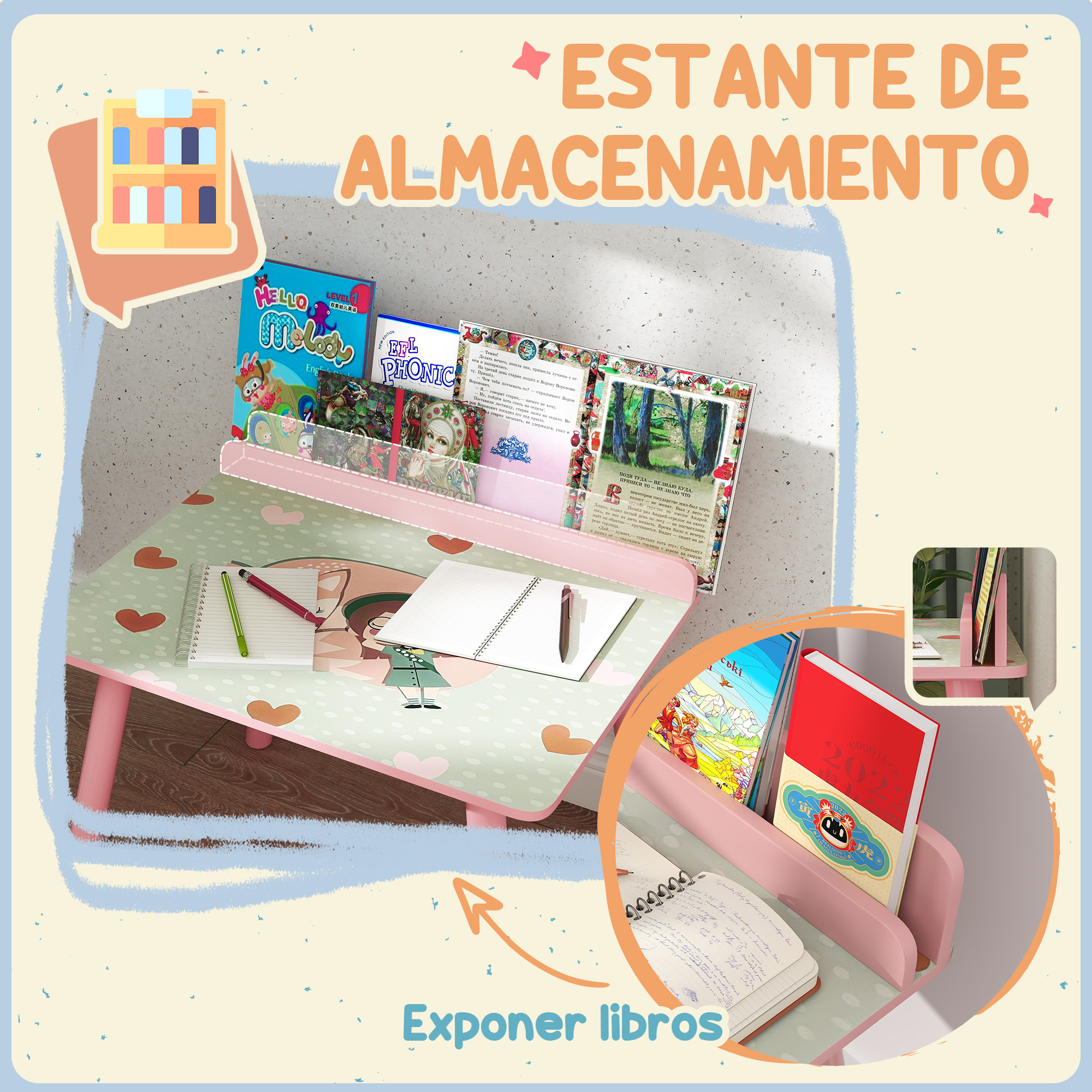 Un escritorio rosa con libros, cuadernos y bolígrafos. El texto en la parte superior dice 'ESTANTE DE ALMACENAMIENTO' y 'Exponer libros'.
