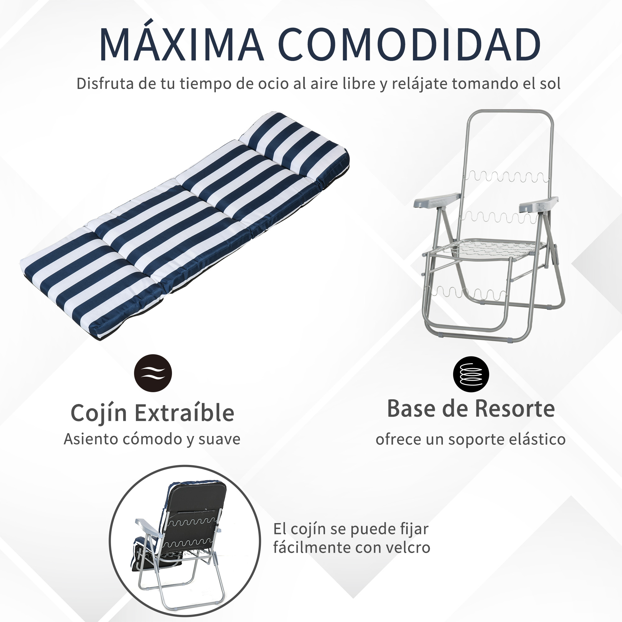 La imagen muestra un cojín a rayas y una silla plegable. El texto en español describe comodidad, cojín extraíble y base de resorte.
