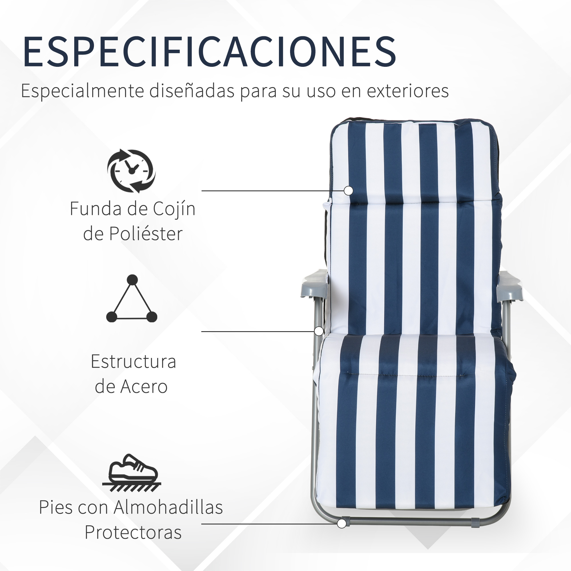 Una silla de exterior a rayas blancas y azules con texto que describe sus características: funda de cojín de poliéster, estructura de acero y pies protectores.