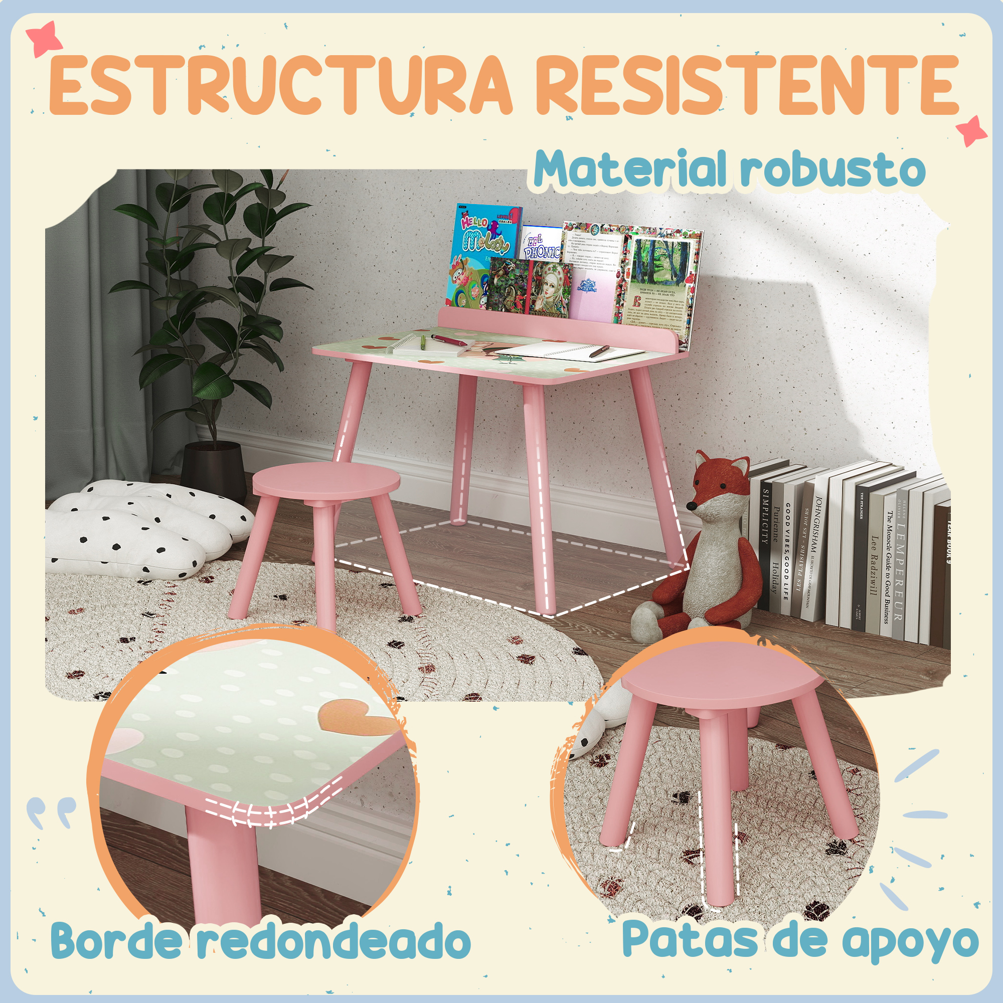 Un escritorio y taburete rosa para niños con libros, un zorro de peluche y una alfombra. El escritorio tiene un borde redondeado.