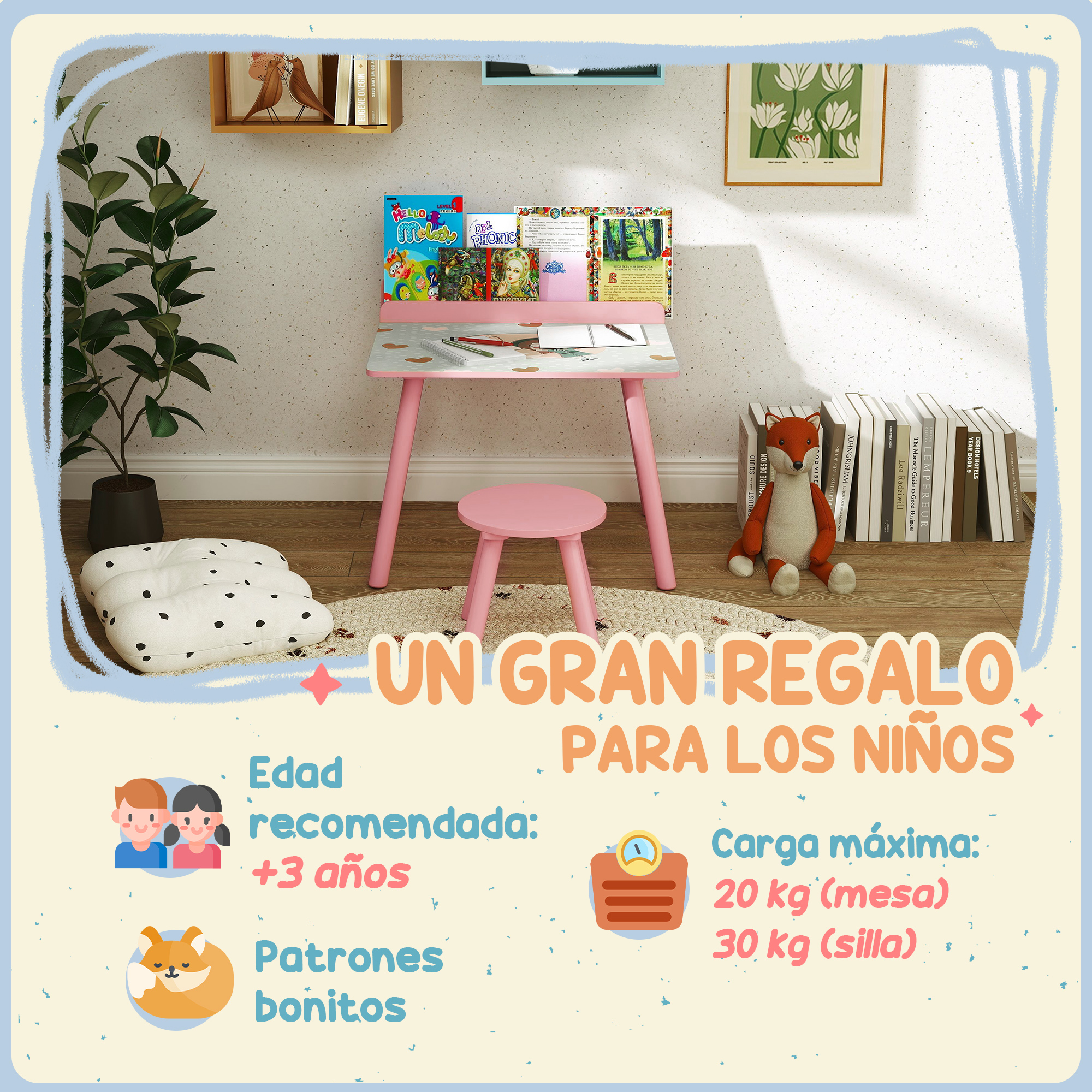 Un escritorio y taburete rosa con libros, un peluche de zorro y un cojín blanco con puntos negros. Texto: 'Un gran regalo para niños'.