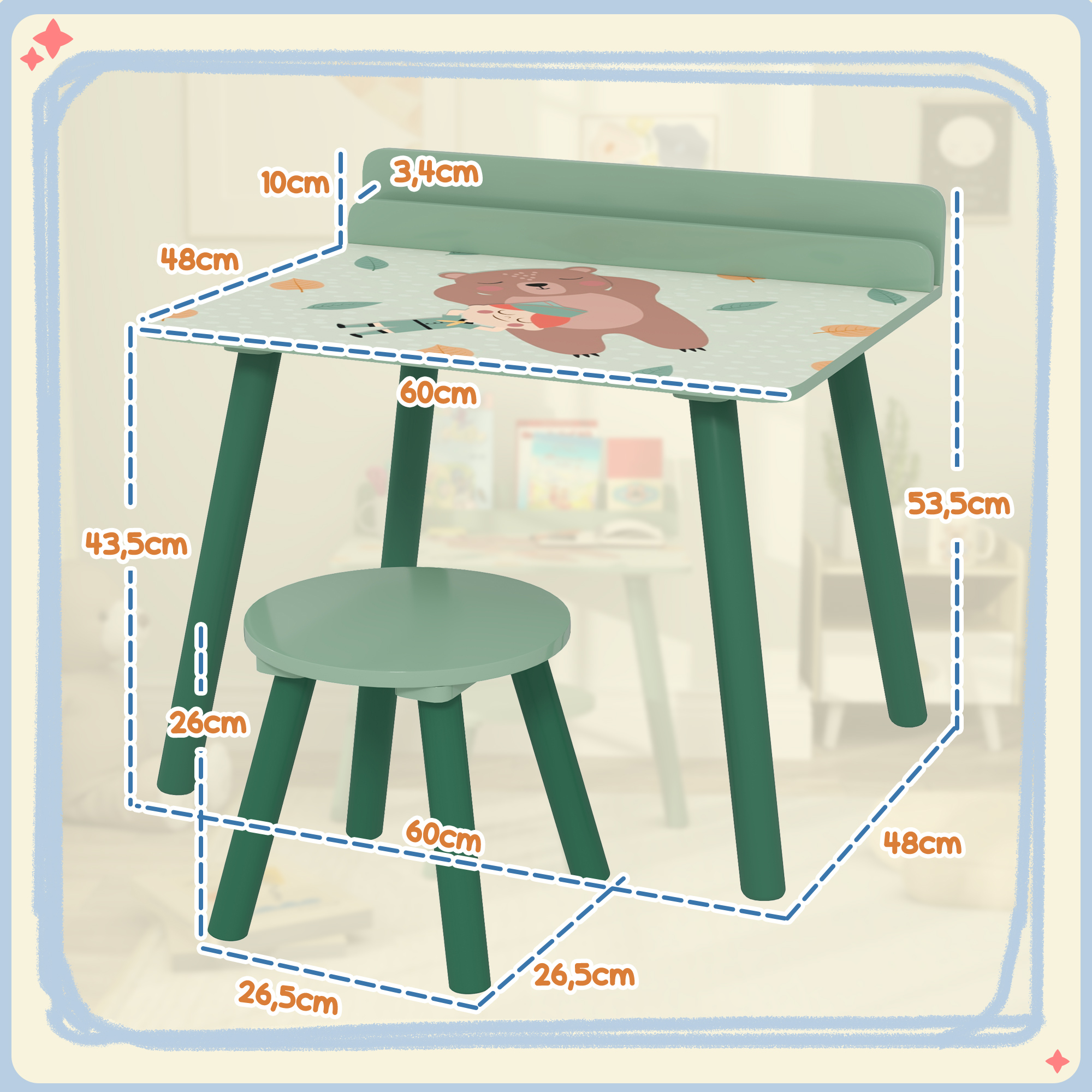 Un juego de escritorio y taburete verde para niños con un diseño de oso y hojas en el escritorio. Dimensiones etiquetadas.