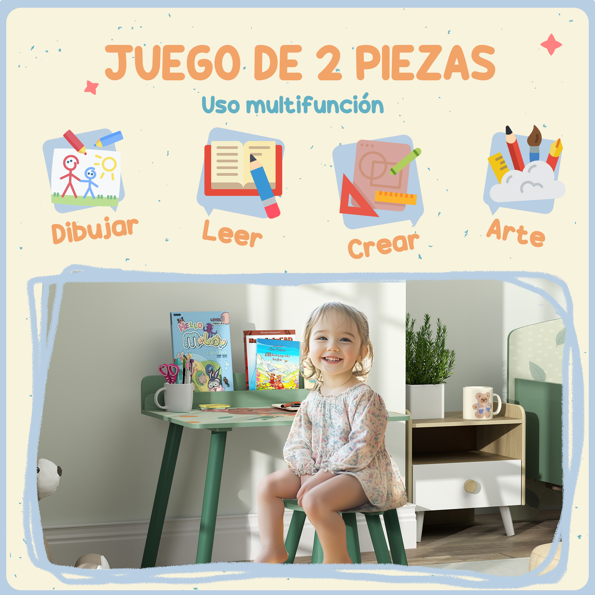 Un niño sonriente está sentado en un escritorio verde con libros. La imagen tiene texto con ilustraciones que muestran dibujo, lectura y arte.