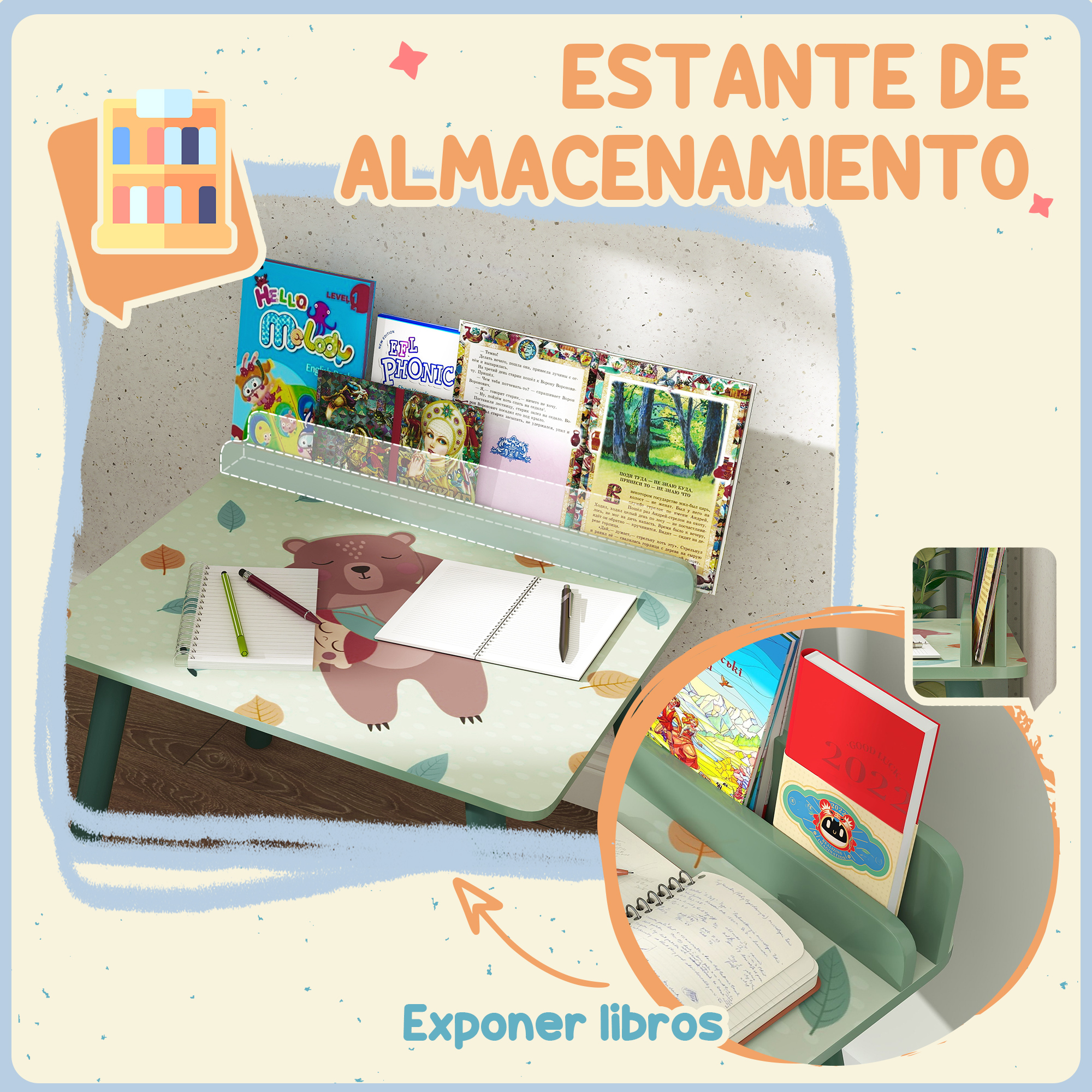 Un escritorio con libros, un dibujo de oso y material de escritura. Tiene libros en un estante.